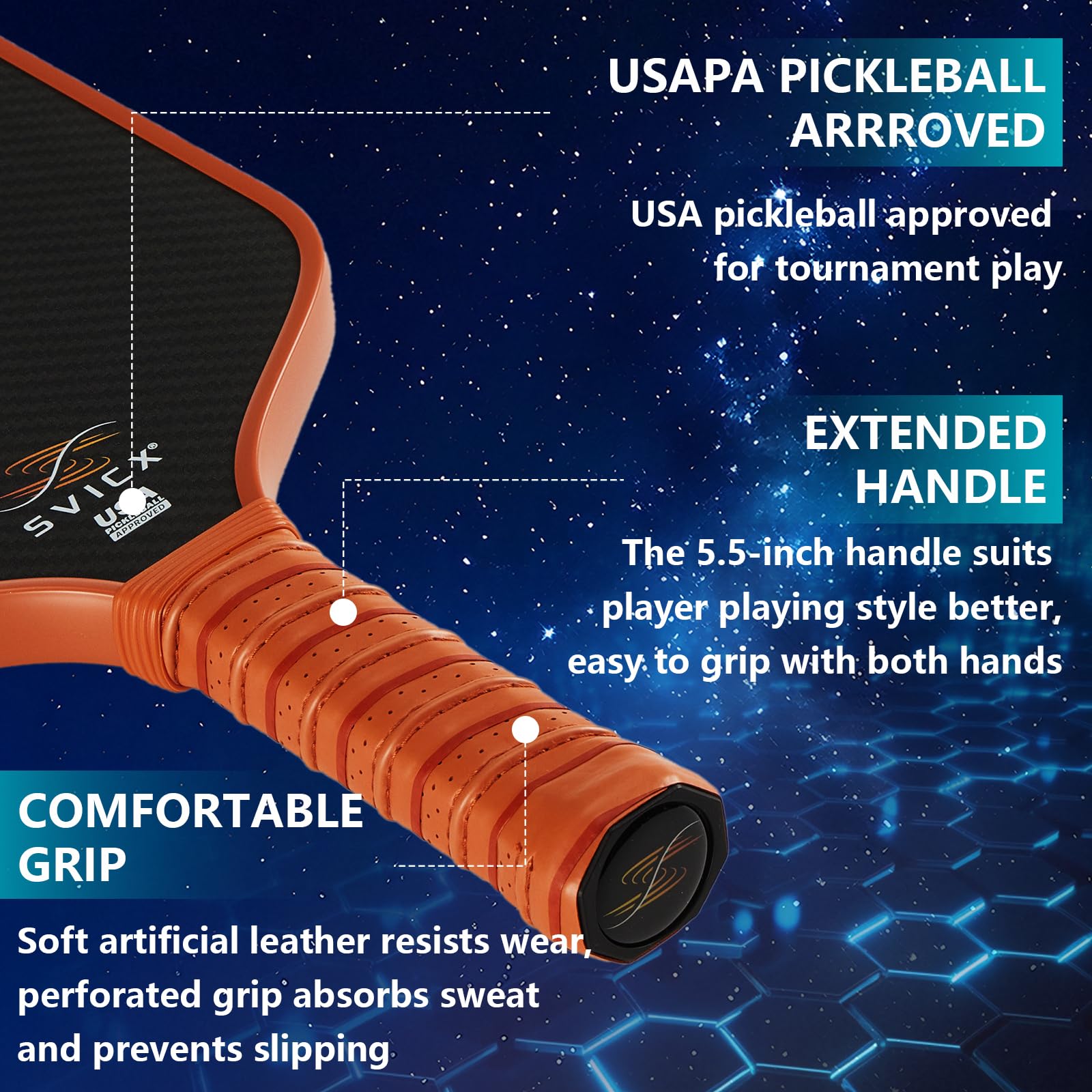 Set di 2 pagaie per pickleball, in fibra di carbonio, 16 mm, controllo superiore, forte potenza e rotazione forzata, manico esteso per presa a due mani, approvato USAPA