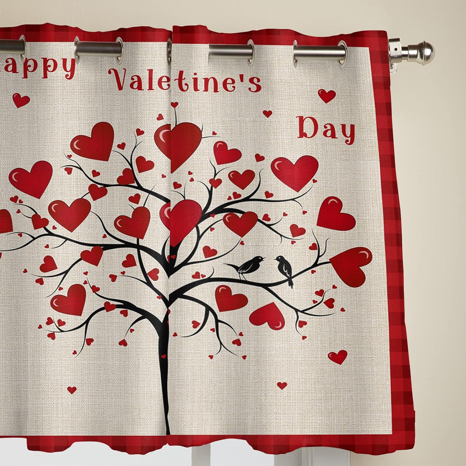 Valentine's Day Window Curtain Romantic Love Tree Windows Drapes Panel, Vintage Beige Burlap Light Filtering Kitchen Cafe Curtains Drape Treatment Set of 2 with Grommet Top