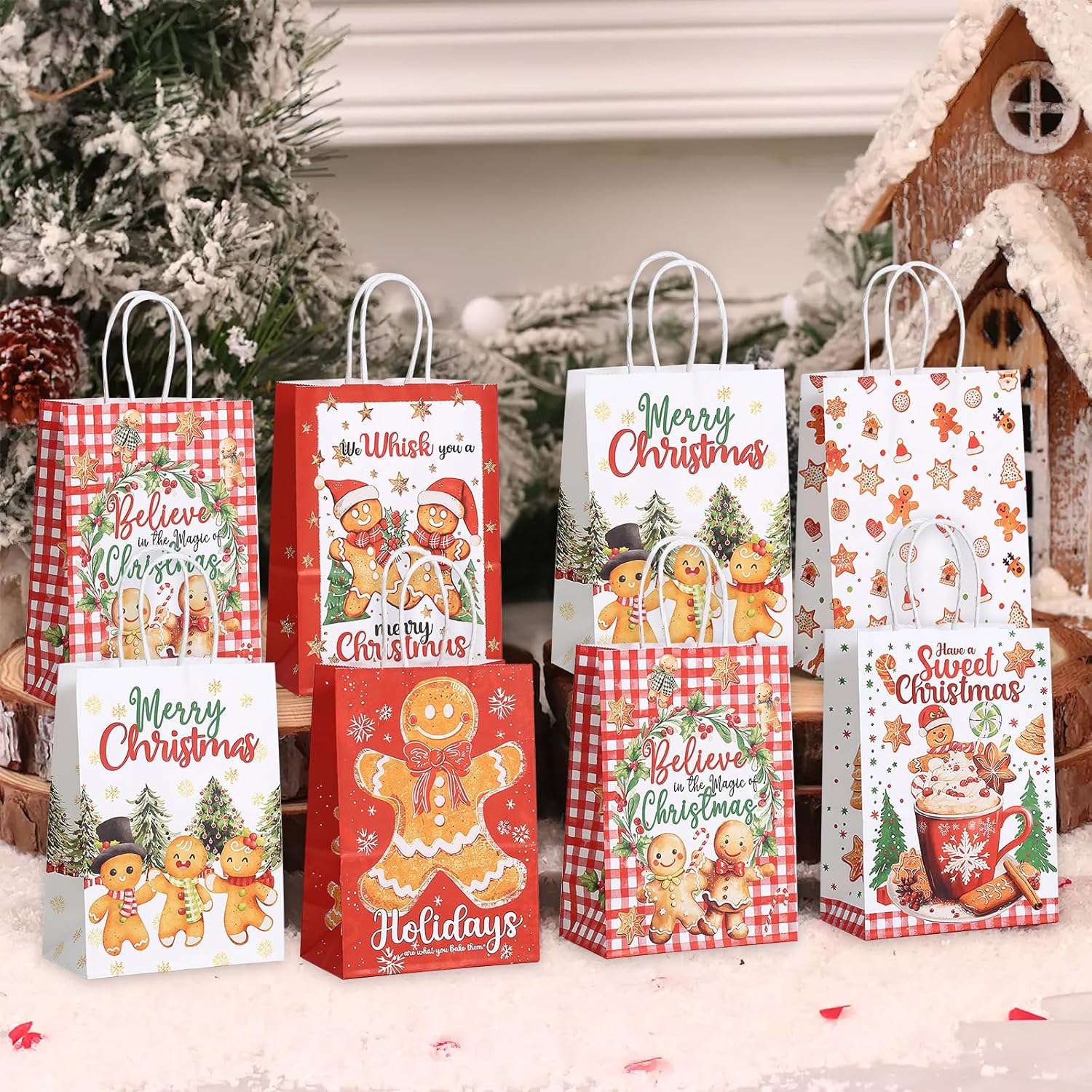 12 Pcs Christmas Gift Bags Gingerbread Man Theme Kraft Paper Bags Treat Goodie Bag with Handles for Xmas Party Holiday Supplies - Image 5