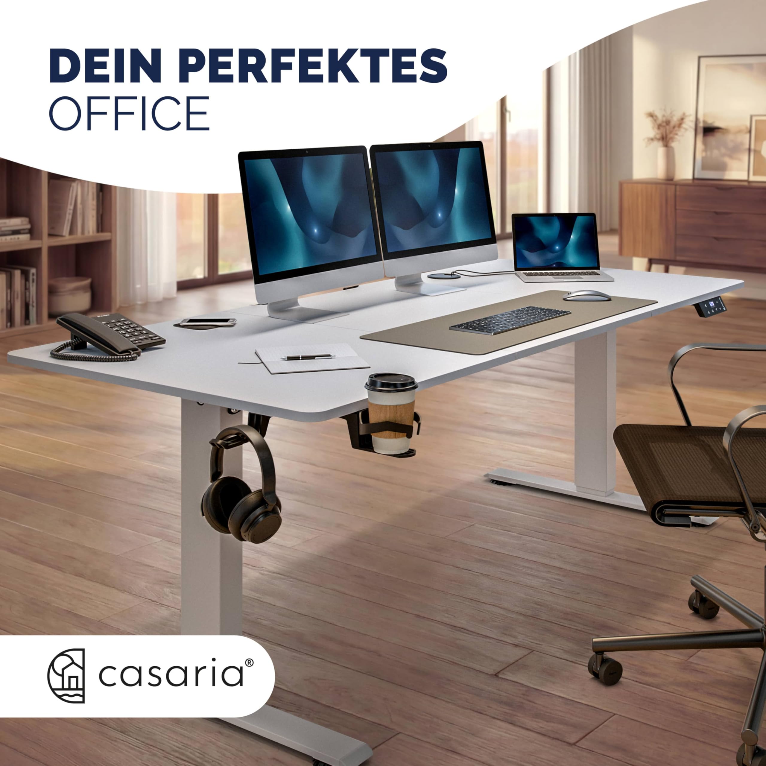 Casaria® Höhenverstellbarer Schreibtisch elektrisch 160 x 70 cm mit Wireless Charger & USB-C/A Anschluss LCD-Display Memory-Funktion 80 kg belastbar ergonomisch Weiß