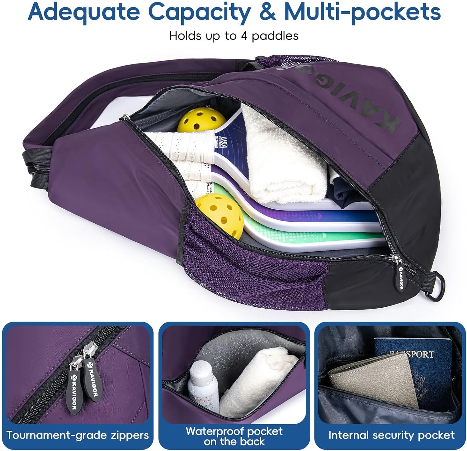 KAVIGOR 2025 Pickleball Sling Bag, Convertible Ultra-Light Backpack with Skin-Soft Fabric & Wet/Dry Pocket, Fits 4 Paddles + Gear