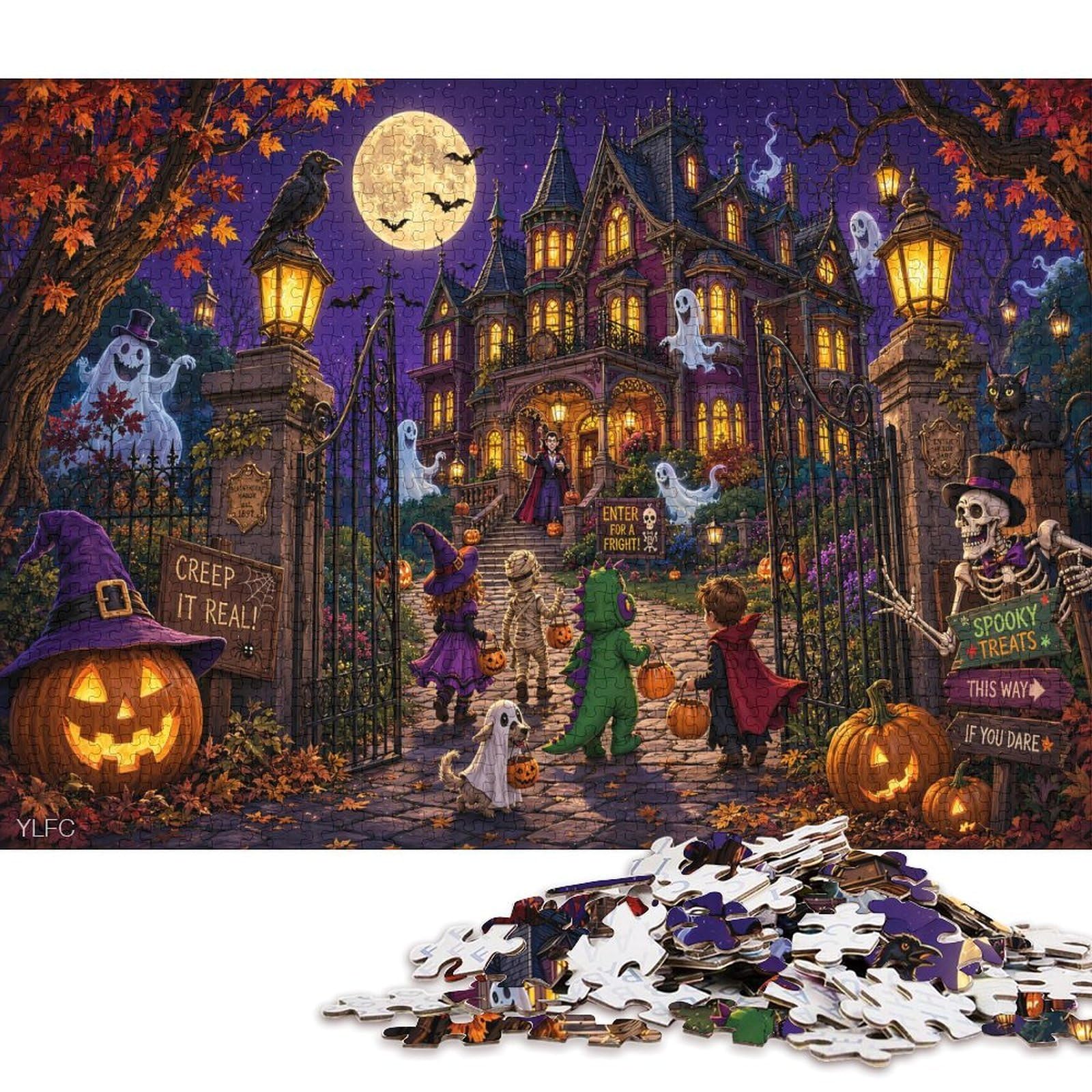 Gothic Halloween Haunted House 1000 Piece Wooden Jigsaw Puzzle,Wood,Impossible Challenge,Great Gifts Horror,Home Wall Decor,Educational Toy,Adults & Kids 14+,Stress Relief (75x50cm)