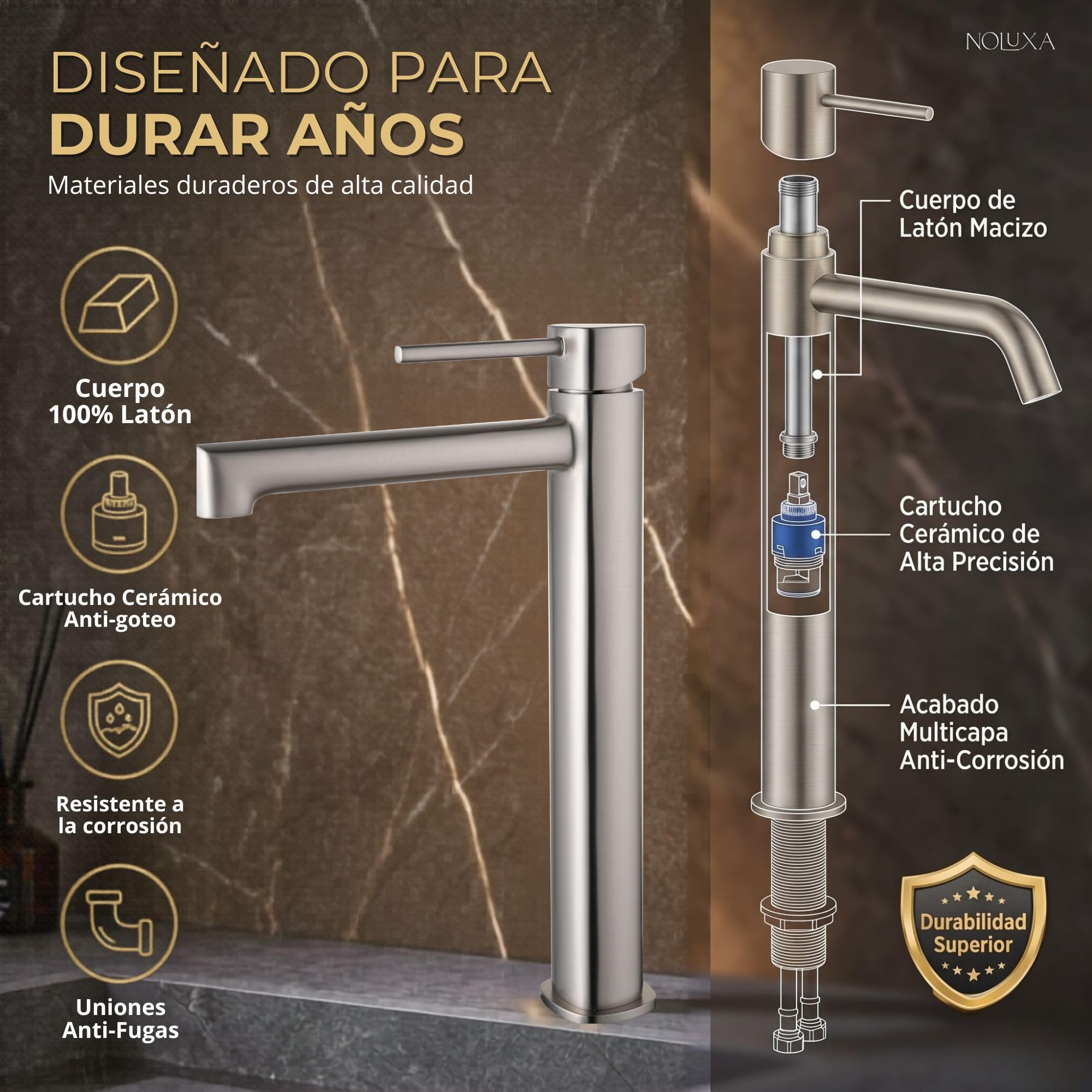 IMEX - Grifo Lavabo Níquel Caño Alto | Grifo para Lavabo de Baño con Agua Fría y Caliente | Grifería Monomando Efeto Cascada con Caño de Latón | Ahorro de Agua | Serie Toscana | Color Níquel Cepillado