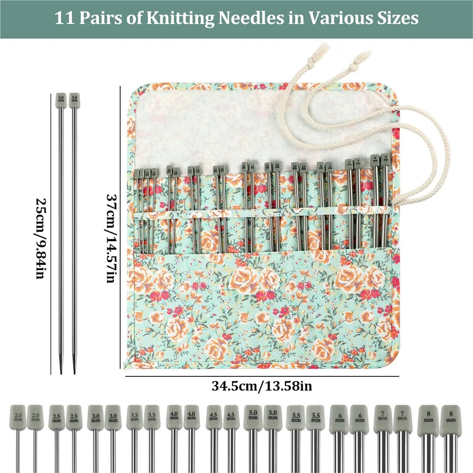 Zestaw okrągłych drutów do robienia na drutach, 22 szt., igły do robienia na drutach ze stali nierdzewnej, 2 mm-8 mm, proste, jednospiczaste, 25 cm, sweter z torbą do przechowywania (niebieski)