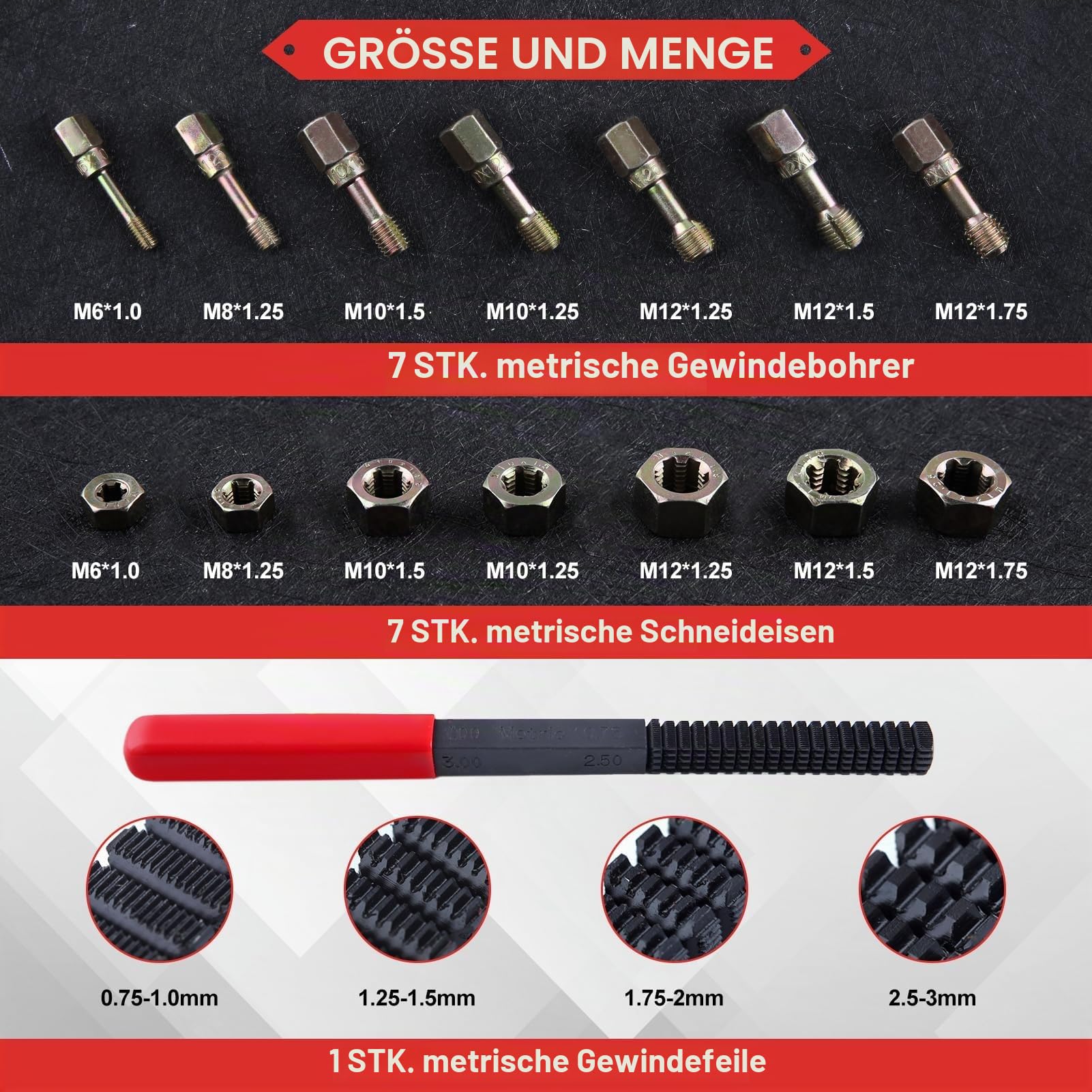 LEONTOOL 15 Stück Metrisches Gewinde Chaser Set, M6 M8 M10 M12 Gewinde Restorer Werkzeug Enthält 7 Gewindebohrer 7 Schneideisen 1 Gewindefeile, Universal Gewindereiniger Werkzeug Gewinde Nachfädeln