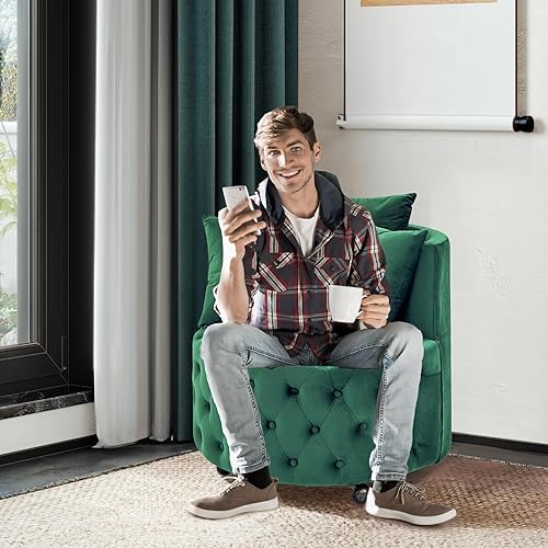 Miniatura 9 de Silla giratoria de barril, sofá giratorio de terciopelo con 3 almohadas y 4 ruedas, moderna silla giratoria redonda de gran tamaño, silla giratoria