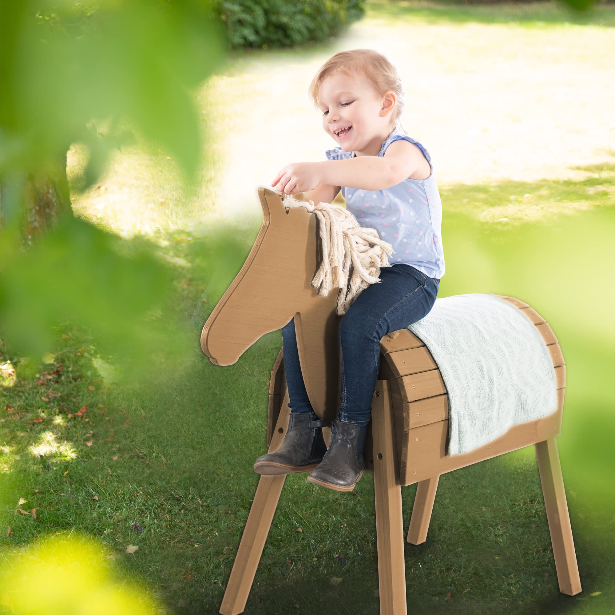 roba Cavallo da Gioco per Bambini - da Esterno, Giardino, Aria Aperta - con Criniera e Coda - Legno Massiccio Ecologico - Stabile e Robusto - Resistente alle Intemperie - Teak Naturale