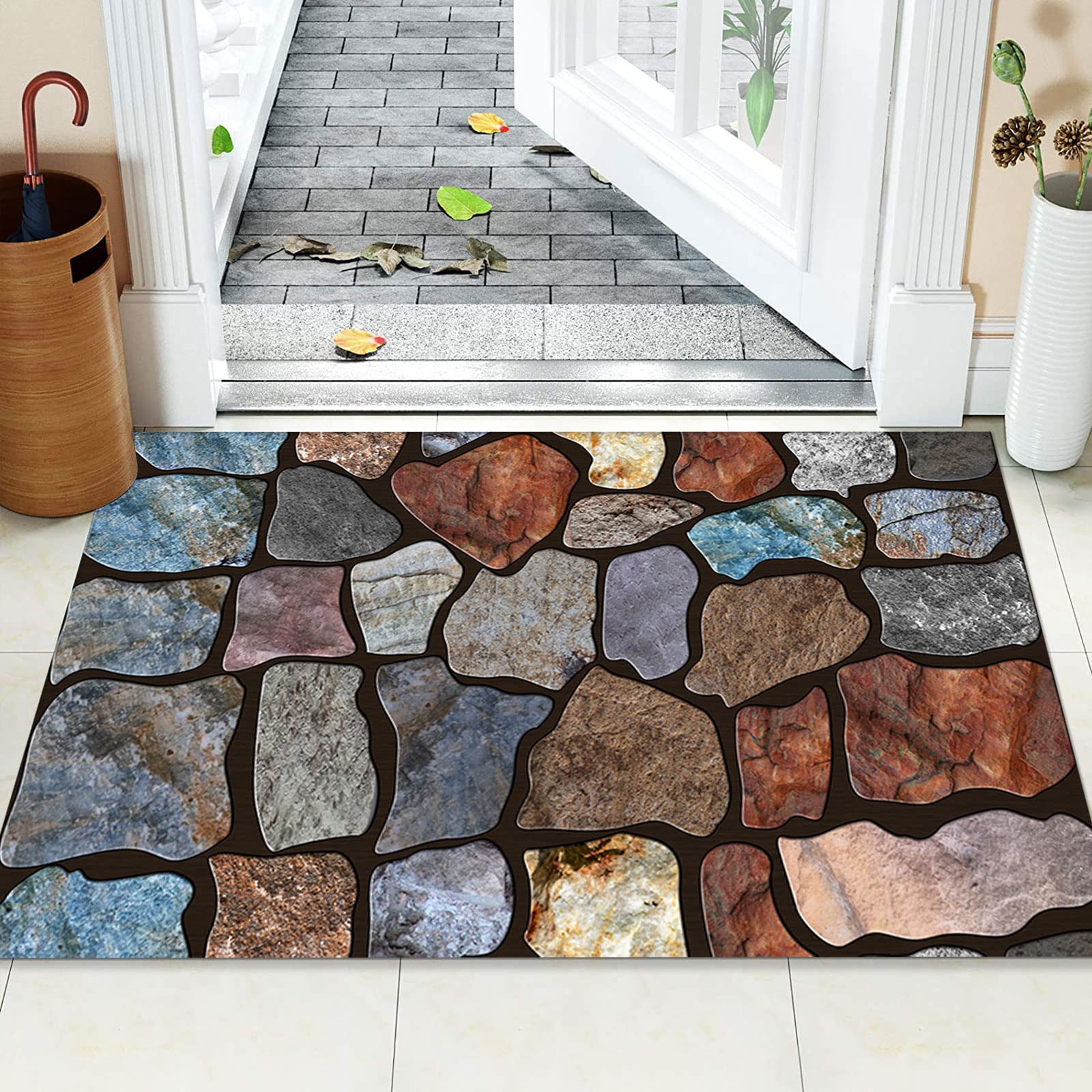 Läufer für Flur, rutschfest, waschbar, modern, Vintage, 3D, bunt, Stein-Patchwork-Teppich für Eingangsbereich, Küche, Büro oder Hotel-Lobby