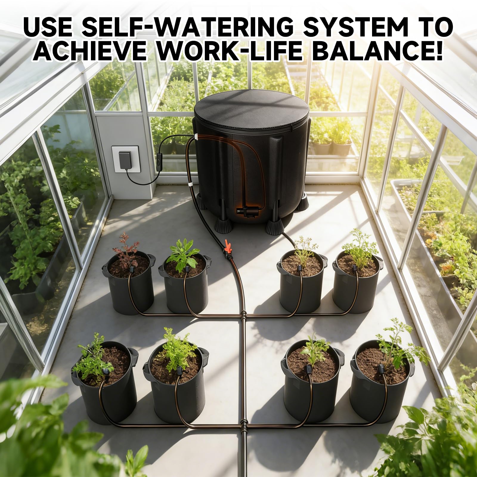 Impianto di irrigazione delle Piante, Kit irrigazione a Goccia con 50L Secchio pieghevole, Pompa dell’acqua da 25W, 8 ugelli a goccia, impianto irrigazione Balcone terrazzo Giardino