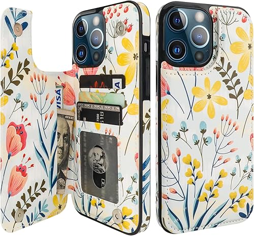 HAOPINSH Funda tipo cartera para iPhone 13 Pro Max con tarjetero para tarjetas, diseño de flores florales en la parte posterior, funda de cuero