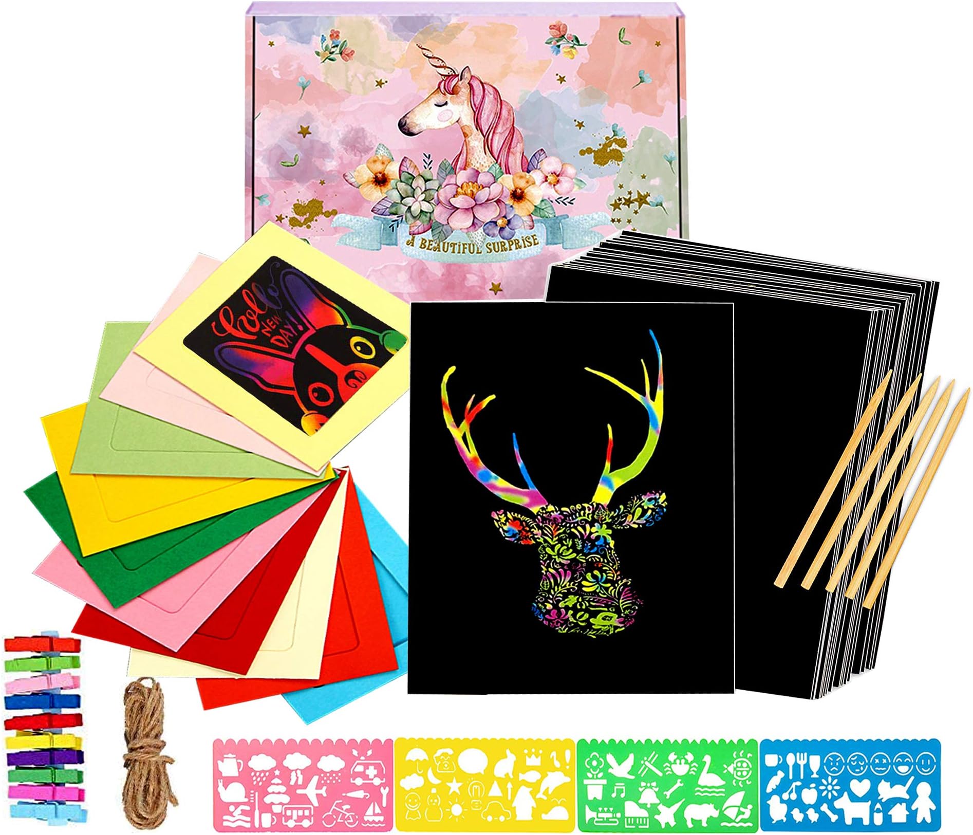 50 Sheets Rainbow Scratch Paper; Scratch Art Paper; Black Doodle Pad with Rainbow Background with 10 Cardboard Frames, 5 Wooden Styluses and 4 Drawing Stencils