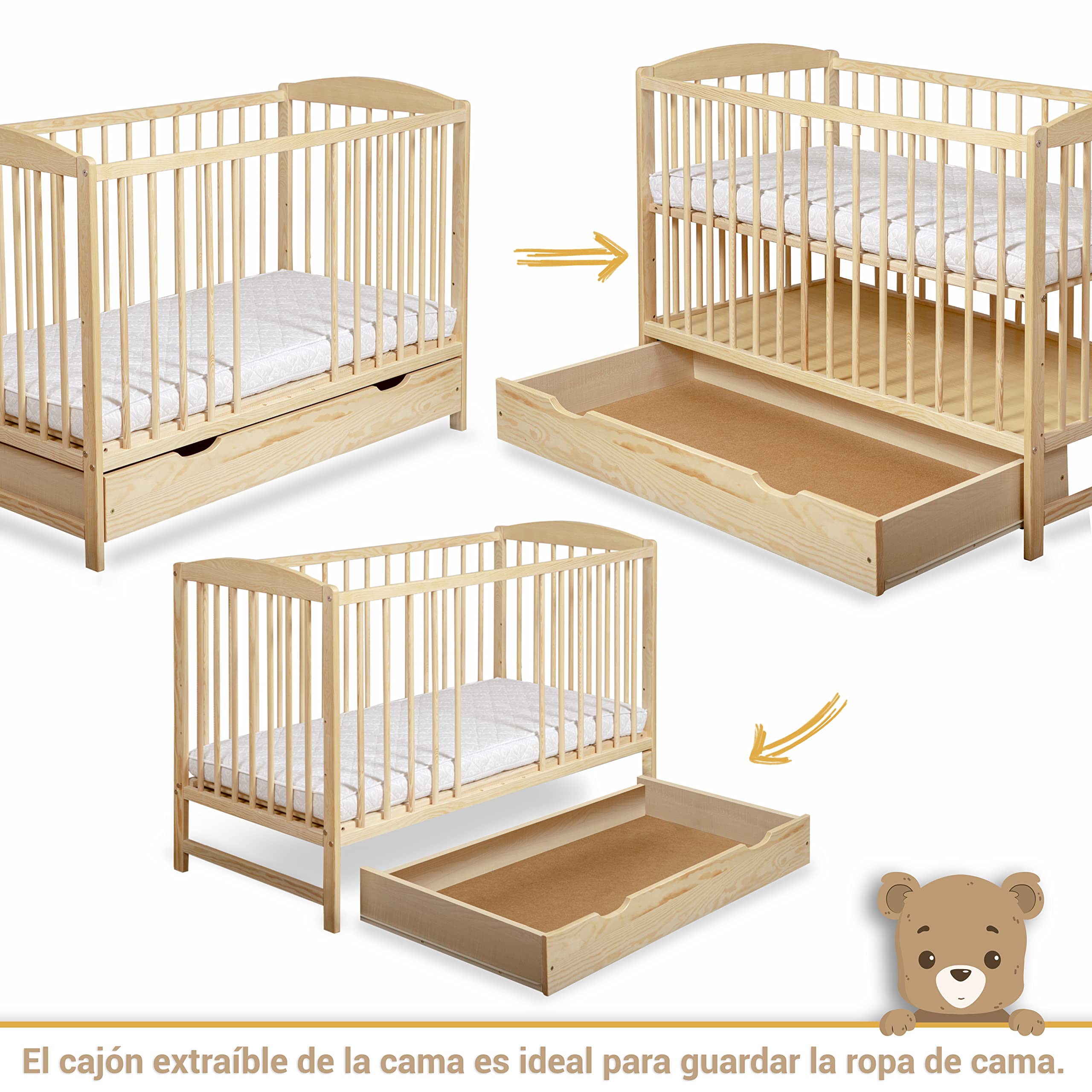 Cuna Bebe con Cajón - Cuna Bebe Madera con Barandillas de Protección - 60x120cm - Regulable en Altura - Cuna para Bebe Convertible en Cama Infantil - Cuna de Bebe para Niñas y Niños Marrón