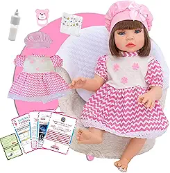 Boneca Bebê Reborn Menina Realista em Silicone com Roupinha e Acessórios Inclusos 45 cm (Listra Rosa)