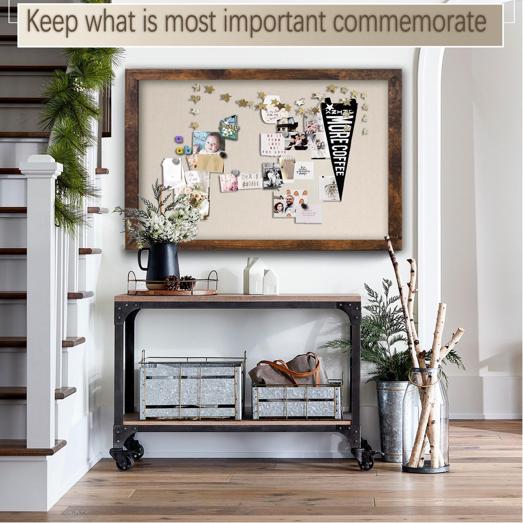 Duża magnetyczna tablica ogłoszeń 100 x 80 cm, rustykalna drewniana tablica korkowa z płótnem, montowana na ścianie tablica ogłoszeń z pinezkami do domu, biura, szkoły