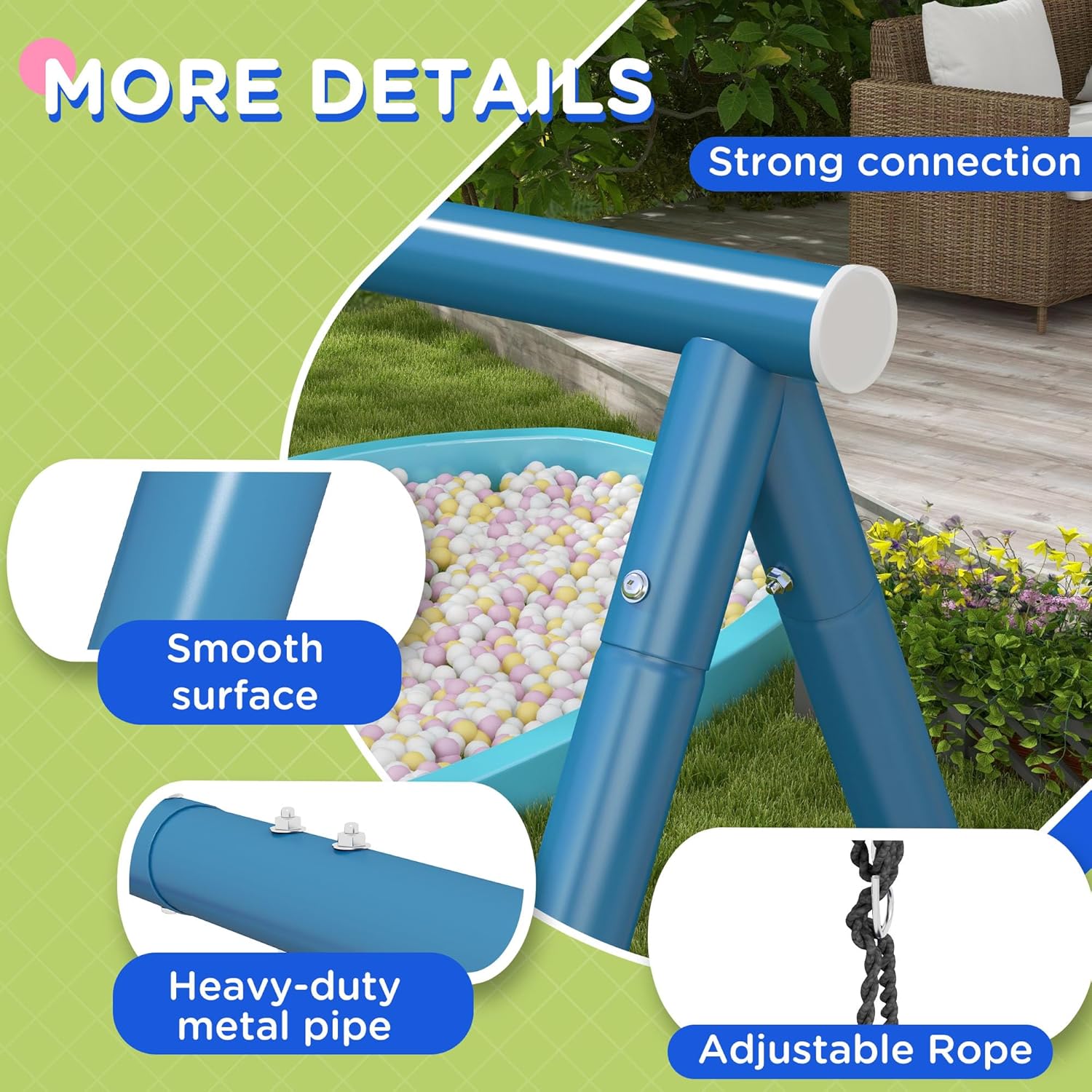 Close-up images highlighting the strong connections, smooth surface, heavy-duty metal pipes, and adjustable ropes of the swing set.