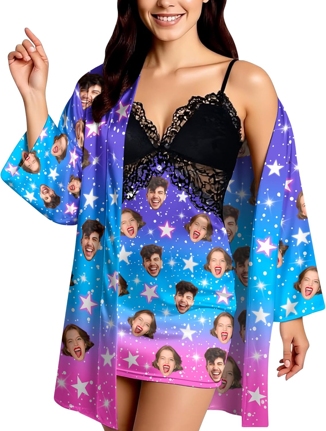 Custom Face Pajama Set for Women Personalized Loungewear Dress & Robe with Any Photos Black Lace Romantic Gift for Wife