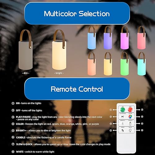 Miniatura 2 de uuffoo Lámpara de mesa solar para exteriores, carga solar blanca cálida y carga USB, lámpara inalámbrica con control remoto, 8 colores RGB, lámpara