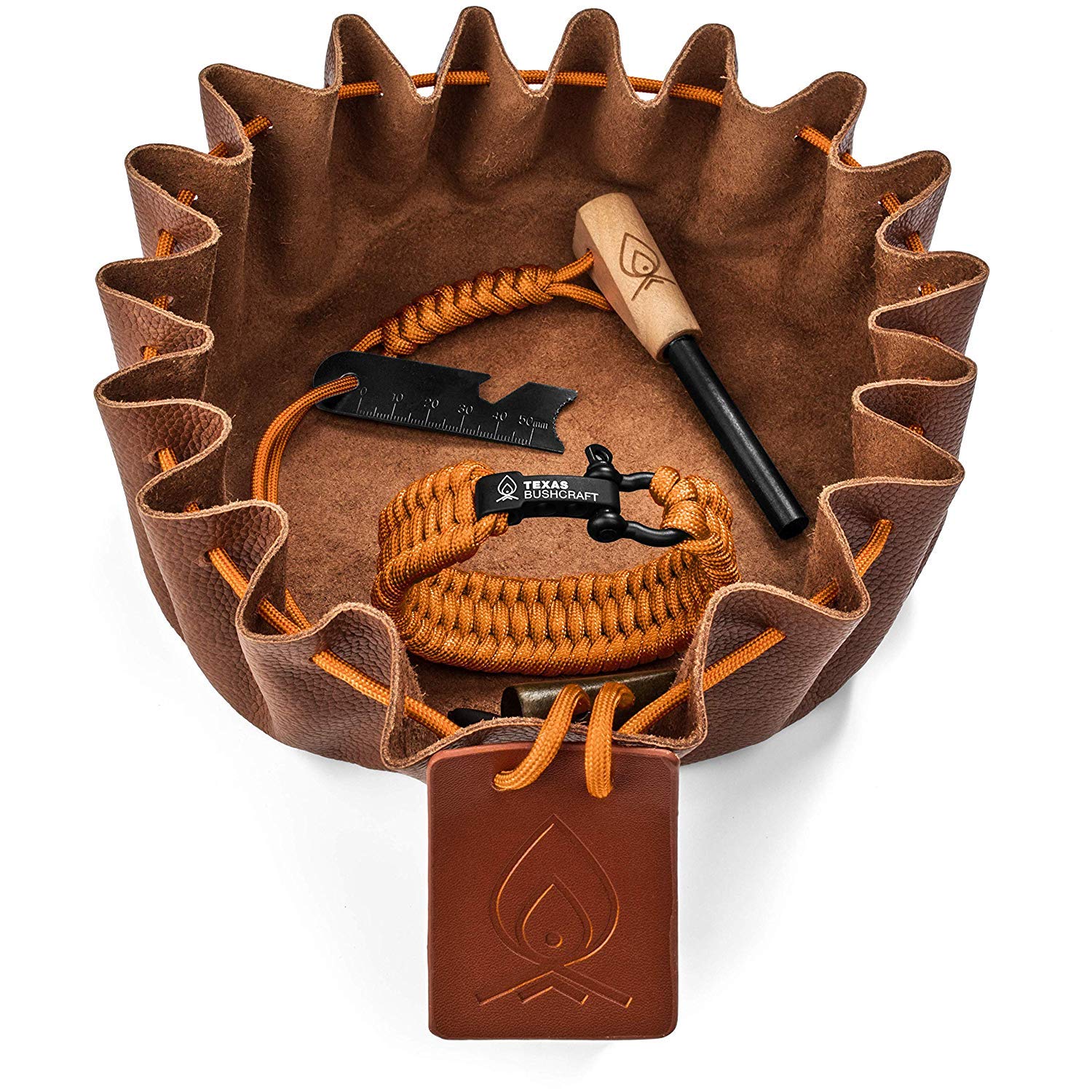 Texas Bushcraft Fire Starter Survival Kit - Ferro Rod Flint Fire Steel, Striker Tool | Cowhide Leather Tinder Bag | Emergency Paracord Bracelet Camping Gear (Burnt Orange, L)