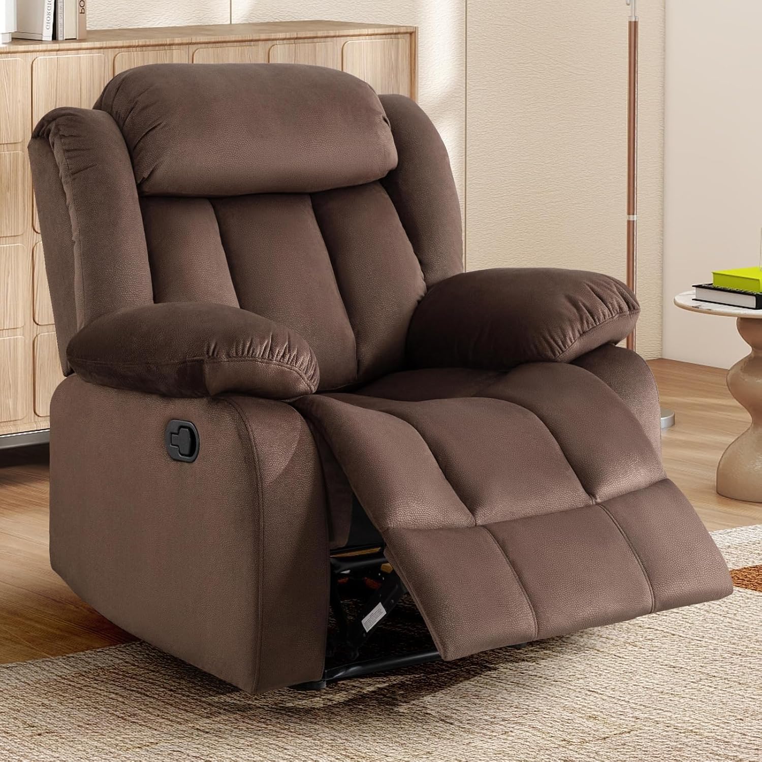Manual Recliner Sofa Overstuffed Arm Back Fabric Upholstery Living Room Chair Classic Comfort Tall Backrest Solid Wood Frame