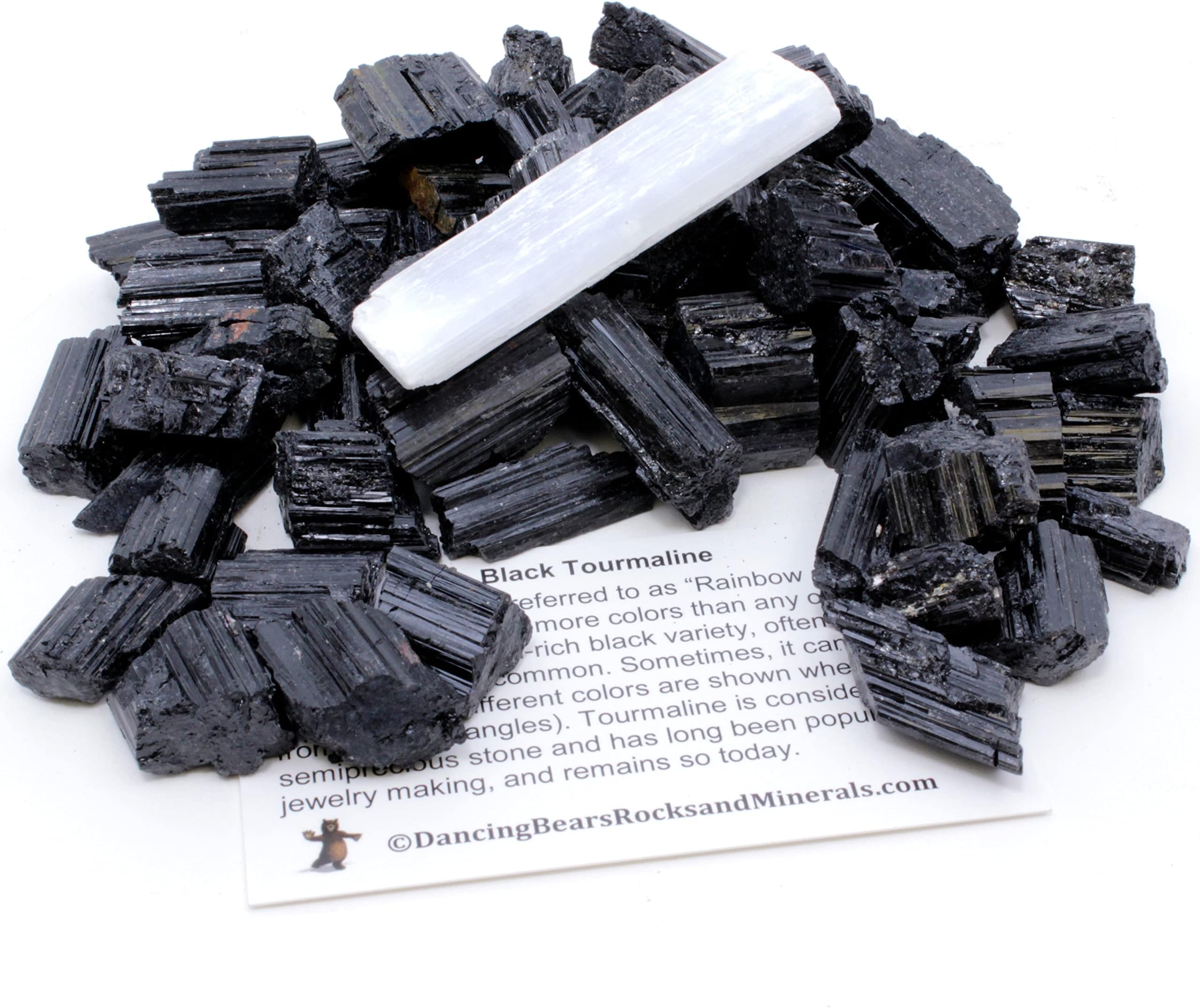 Dancing Bear Black Tourmaline Crystals Bulk (1 LB), Includes: (1) 3” Selenite Stick & Information Cards, Rough Raw Natural Stones for Good Vibes, Reiki Energy, EMF & Radiation Protection