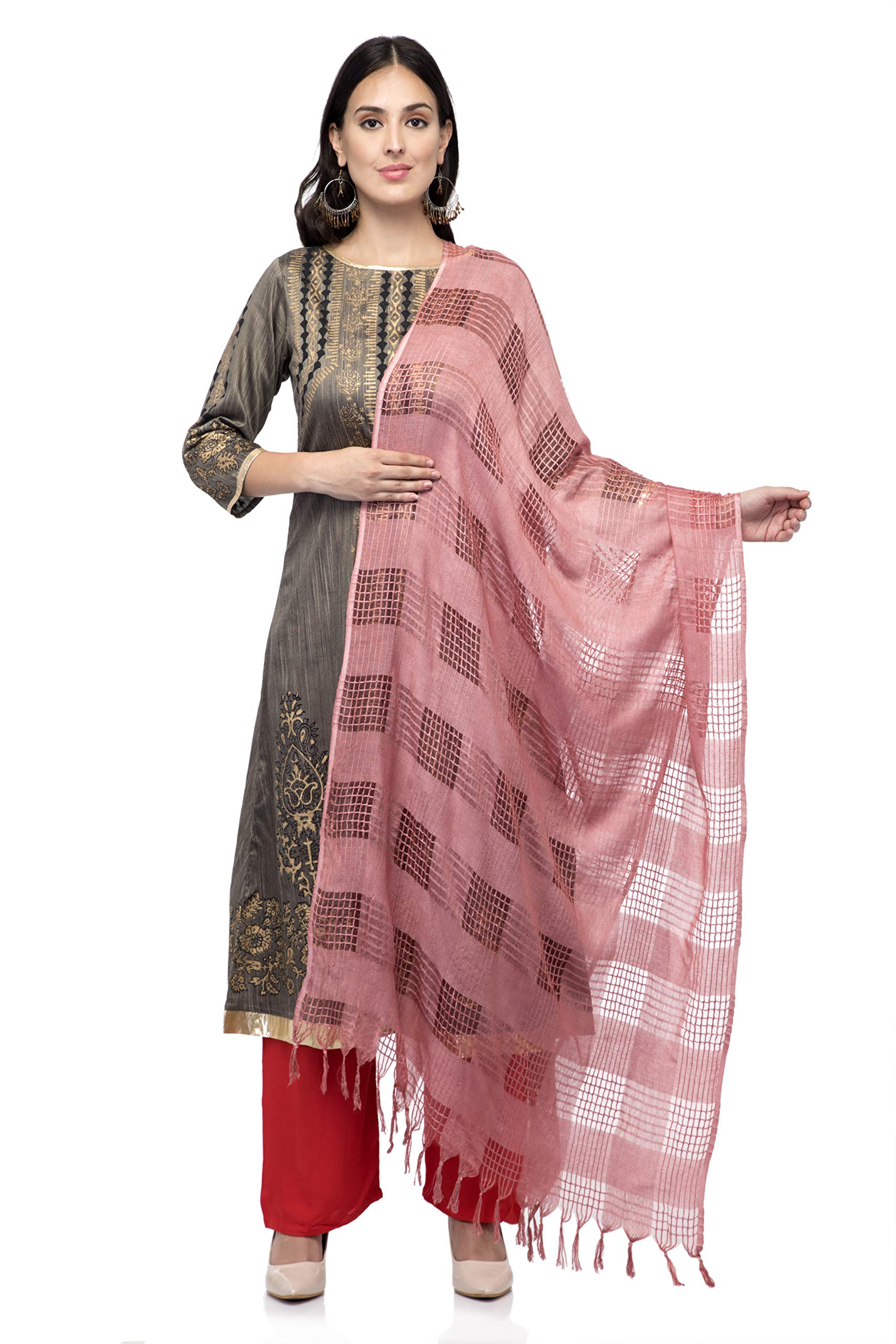Women's Elegant Onion Color Scarf with Grid Pattern, Fringed Edges, Cotton Blend Dupatta, Pack of 1, MFD0218-image-49