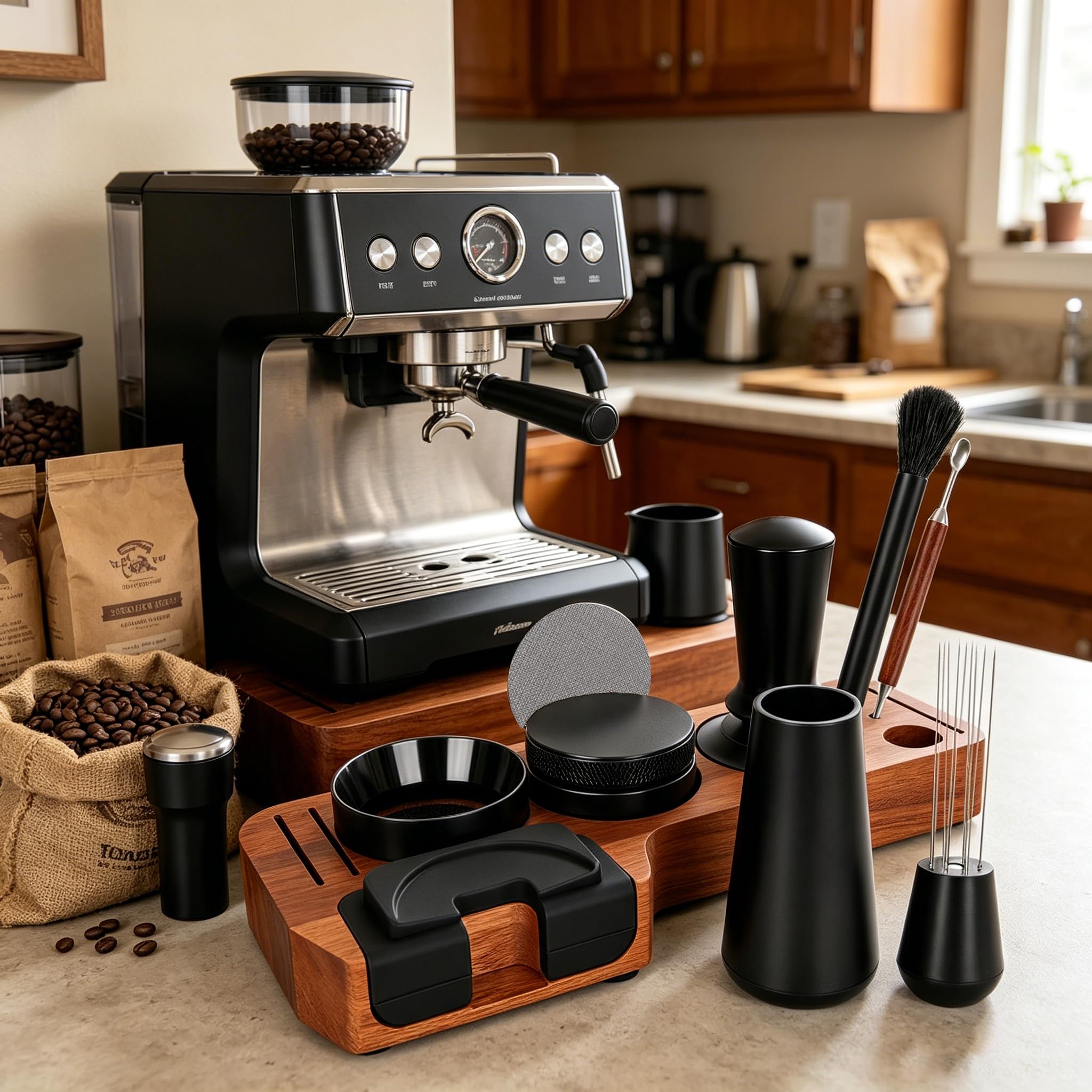 Juego de Prensador de Café de 51 mm,Herramienta de Accesorios de Máquina de Café con Estación de Prensado,Nivelador,Herramienta WDT,Anillo Dosificador,Cepillo,Filtro Puck Screen,Varilla – Para Máquina