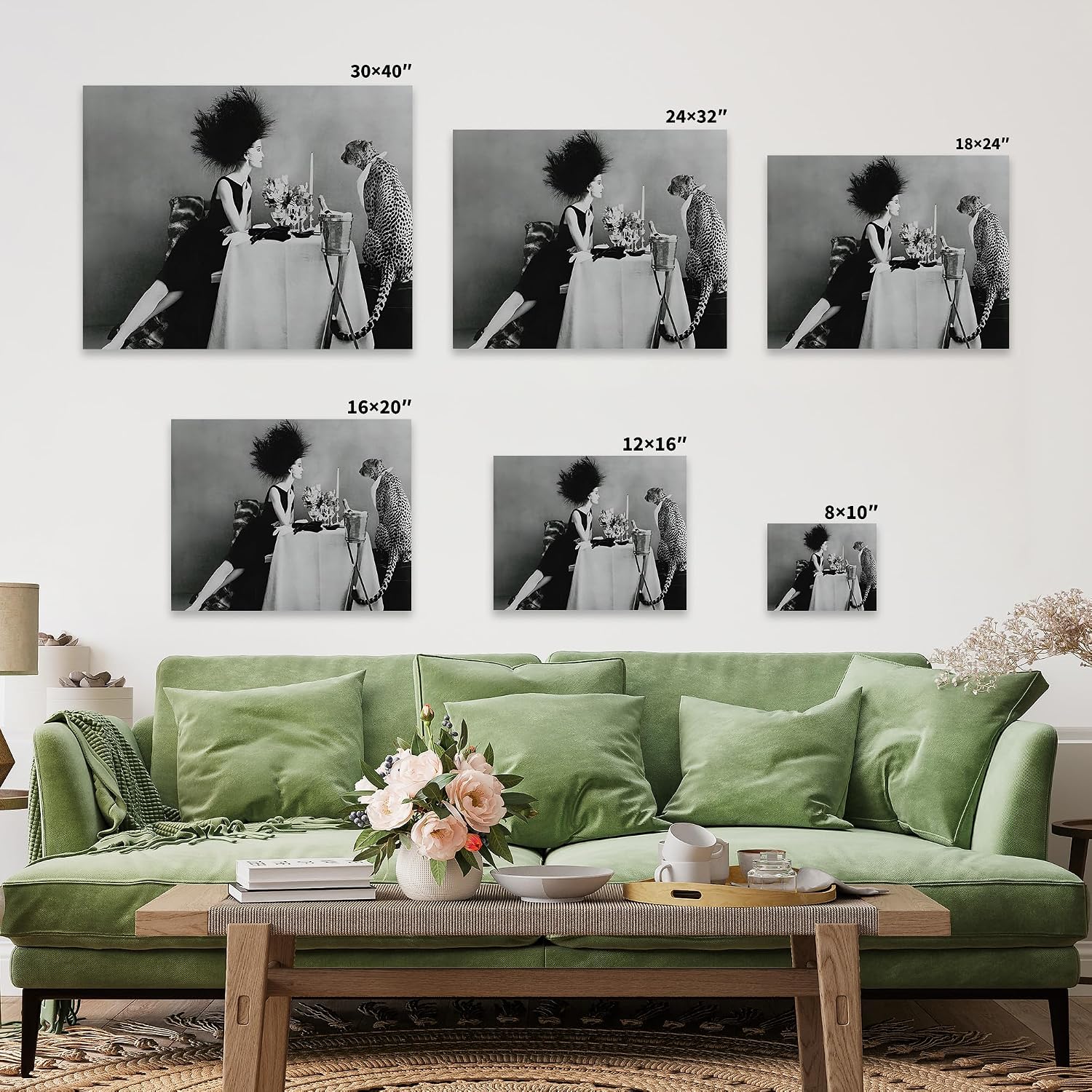 Poster Master Dining With A Cheetah Canvas - Wild Dinner Print - Fashion Art - Black & White Photography Wall Design - Leopard Art - Great Home or Office Decor - 8x10 STRETCHED Canvas