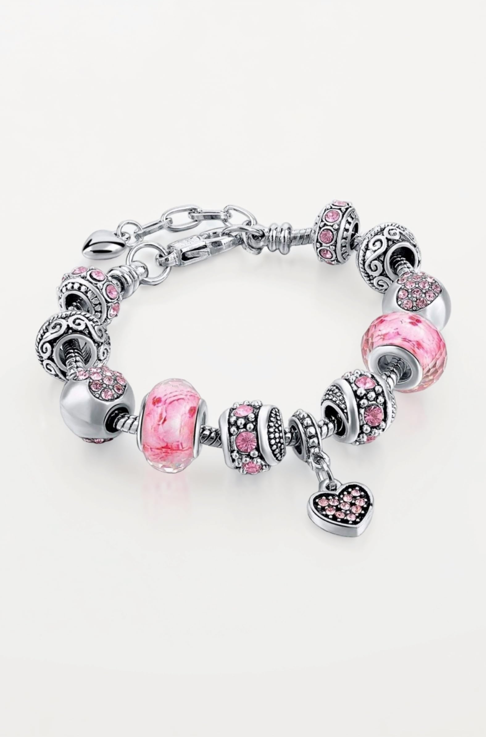Capital Charms Pink Hearts Silver Plated Charm Bracelet Set, Jewelry Gifts with Beads, Charms, and Adjustable Snake Chain, 23cm, Metal