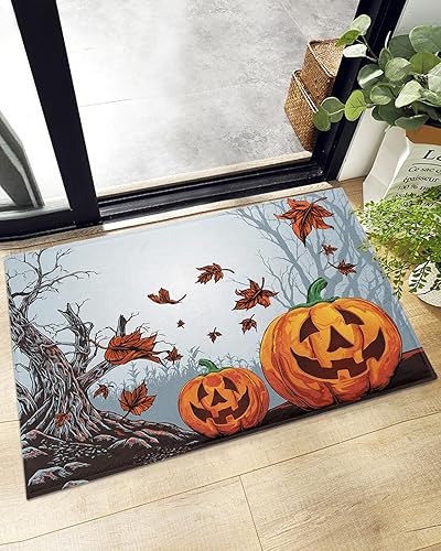 Halloween Pumpkins Bathroom Shag Doormat Spooky Maple Leaf Tree Water Absorbent Bath Rug Floor Mat Washable Fluffy Plush Indoor Area Rugs Cozy