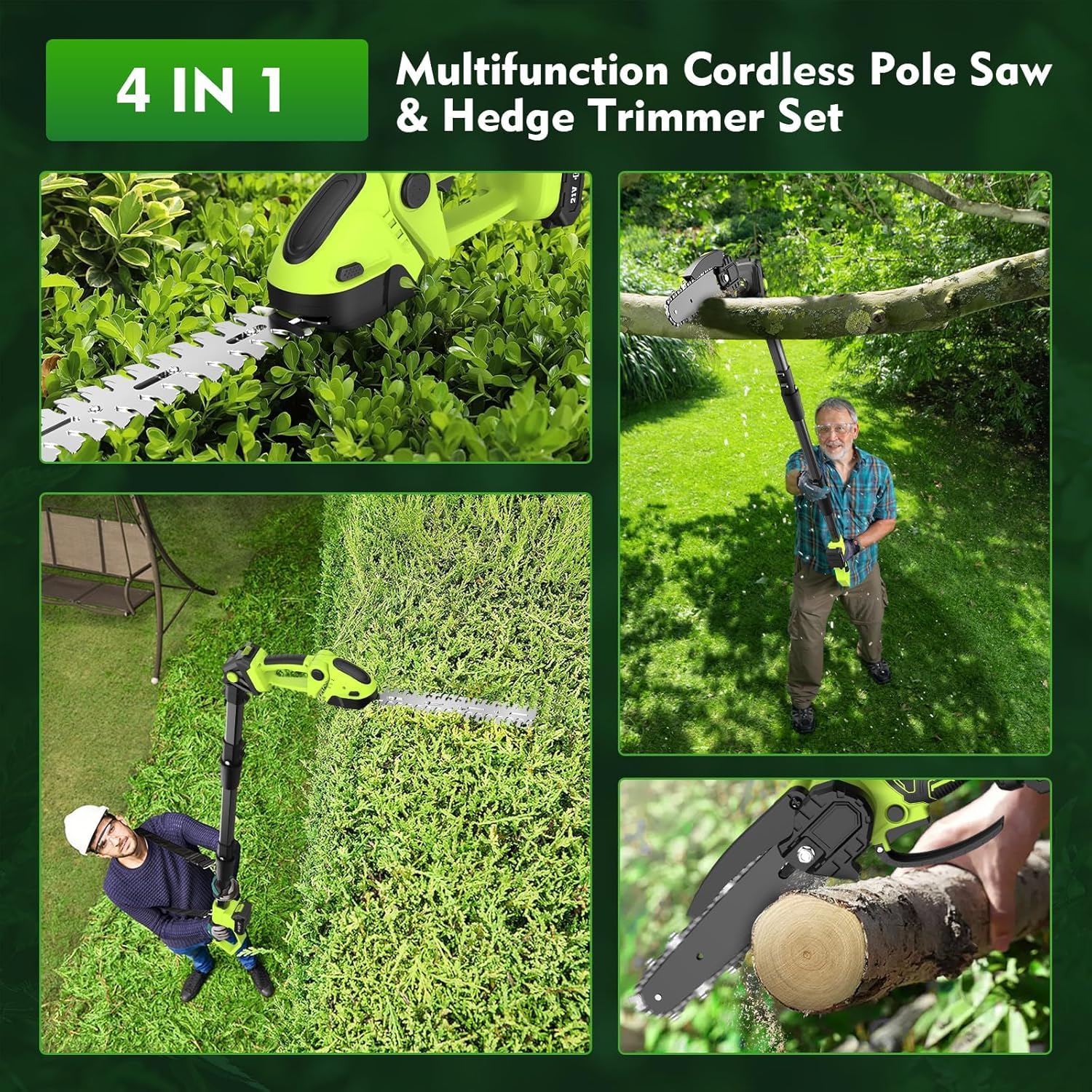 Motosierra y Cortasetos Batería con Pértiga Telescópico, 4 en 1 Eléctrica Herramientas de Jardín con 4 Cadenas Reemplazables, 2 4000 mAh Baterías, Gafas, Guantes para Cortar Jardines Arbusto y Ramas