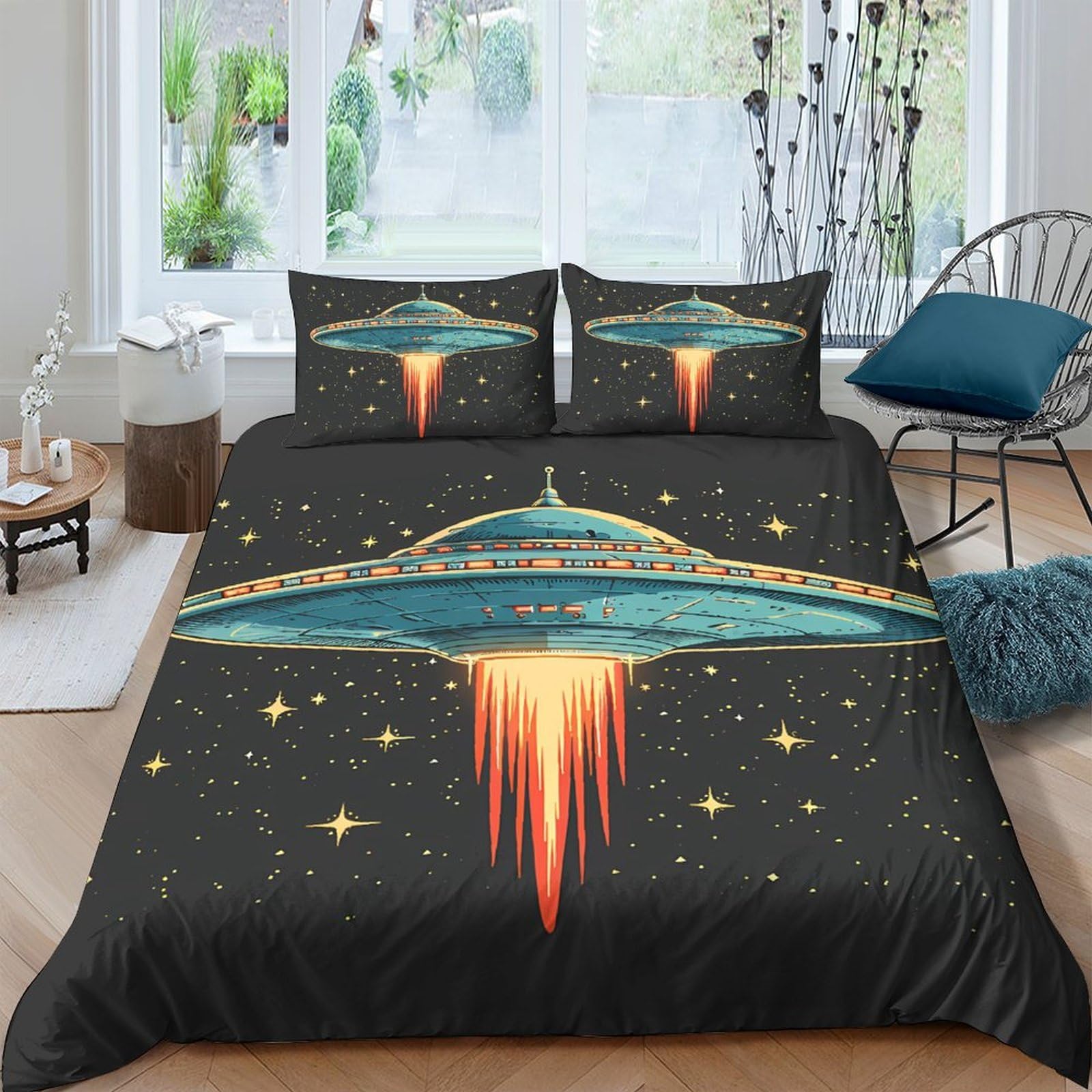 Ctjqhvkz Style-4 3D Printed Ufo Spaceship Fitted Sheet Microfiber Black Starry Sky Mattress Cover Anti-Slip Decorative Bedding For Bedroom Guest Room Single（135X200cm）