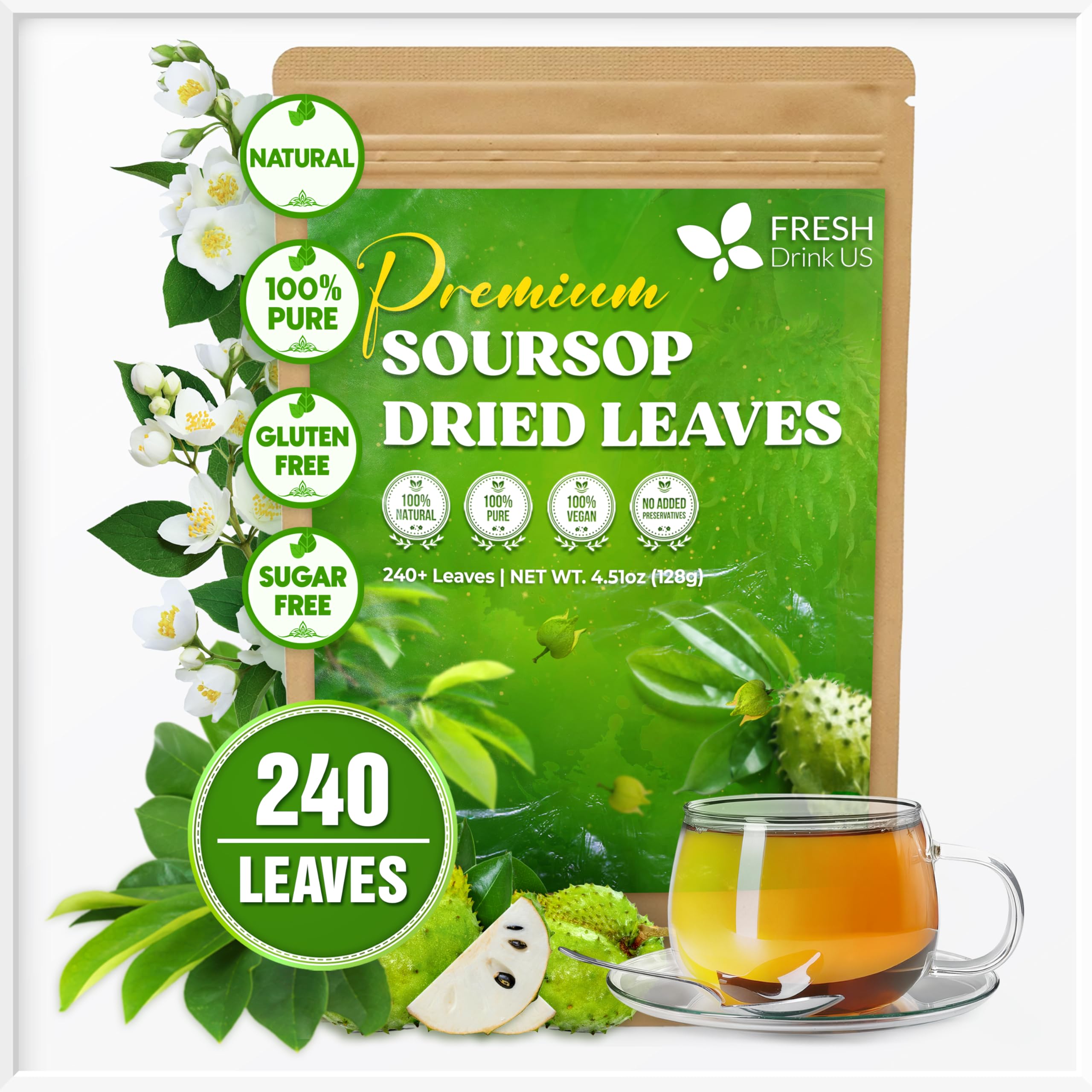 FreshDrinkUS, 240+ Premium Soursop Graviola Dried Leaves Tea, 230-250 Whole Soursop Leaves, Wildcrafted, Graviola , Guanabana , Hoja Guanabana, Loose Leaf Herbal , No Gluten, VeganFreshDrinkUS, 240+ Premium Soursop Graviol…