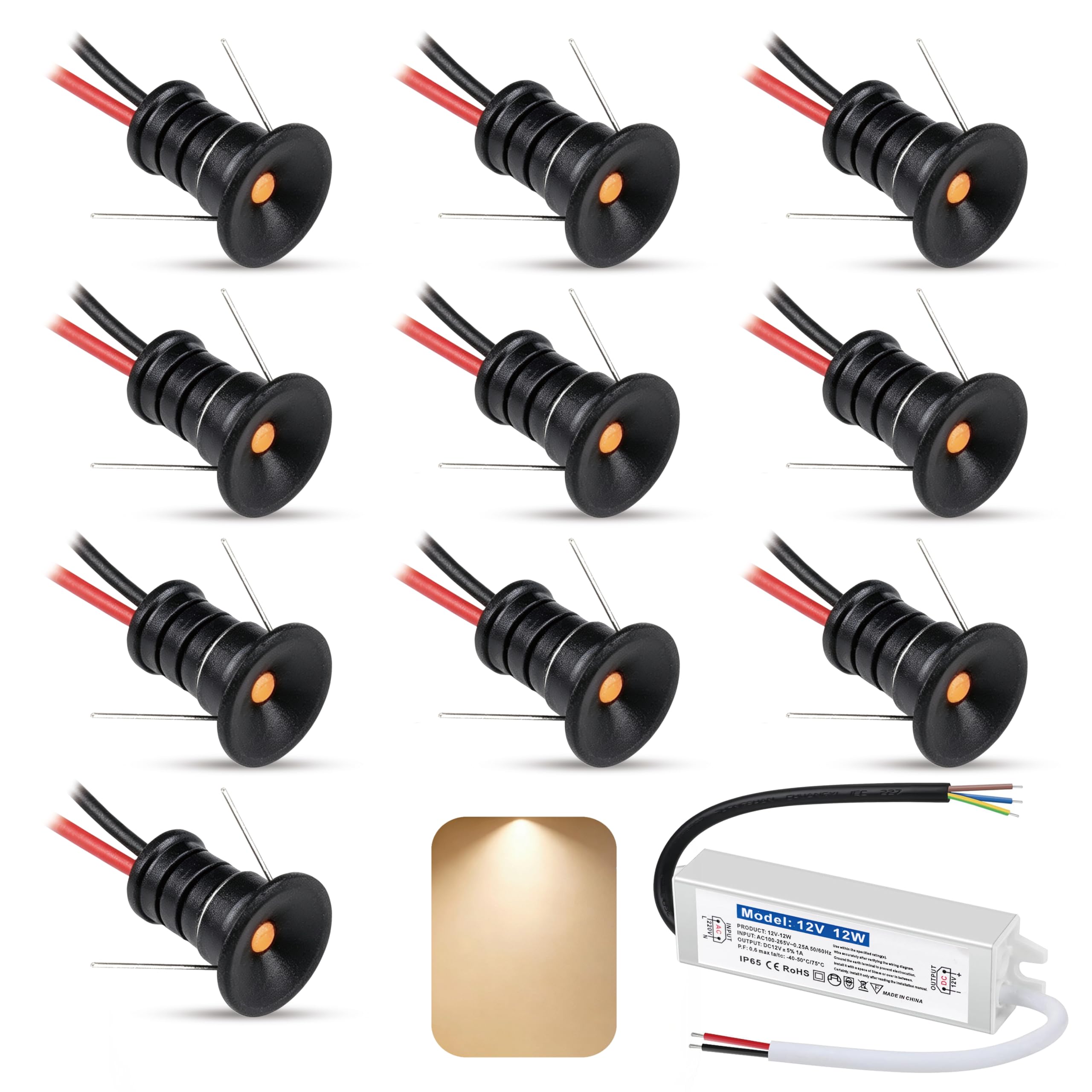 10 PCS Mini Spot Lights 0.5W 12V LED Ceiling Spotlights Ultra Small 10mm Cutout Recessed Spot Light IP65 Warm White Led Downlight for Showcase,Kitchen,with transformer (Black, Warm White 3000K)