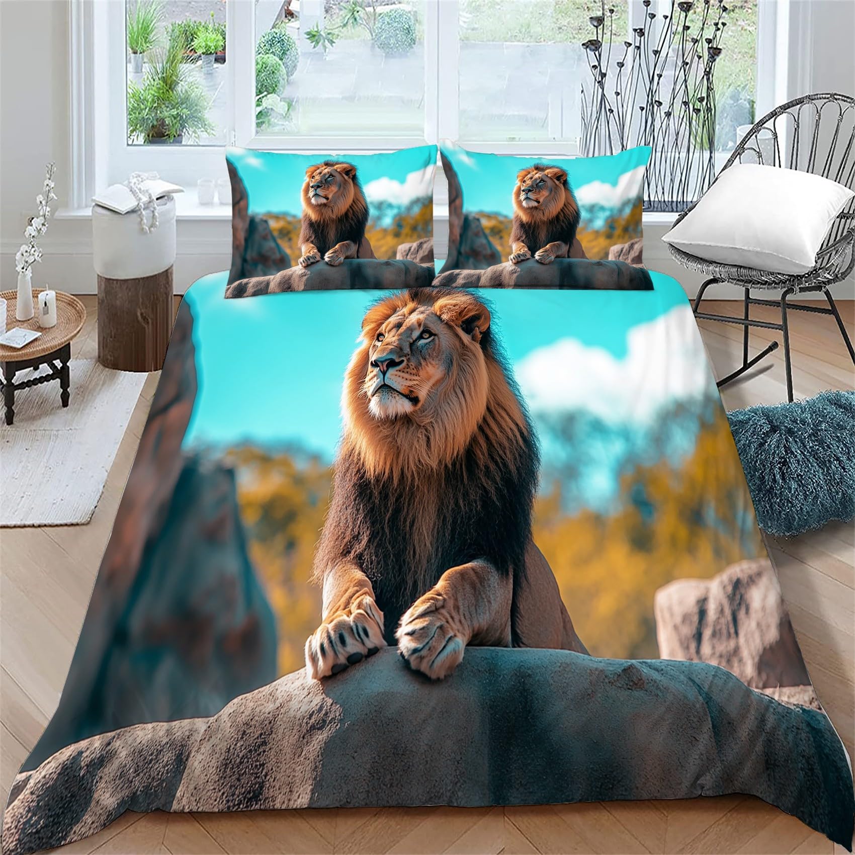 Housse de Couette 140x200 Microfibre Infroissable Motif Lion Anti Poussière