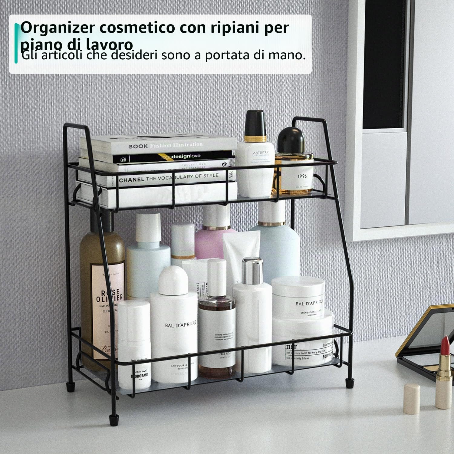 Supporto Porta Spezie Organizer per Cucina da Appoggio,Mensola Portaspezie Ripiani Organizzatore per Cucina Armadietto Bagno 2 Livelli,Nero