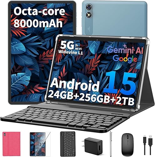 QDDQ Tablet Android 15 de 10 pulgadas, tableta 2025 con teclado, 24 GB+256 GB+2 TB expandibles, tabletas 2 en 1 con 8 núcleos, WiFi 5G, 8000 mAh, BT5,0, certificado GMS, con mouse, estuche, lápiz óptico, pantalla dividida (estuche rosa)