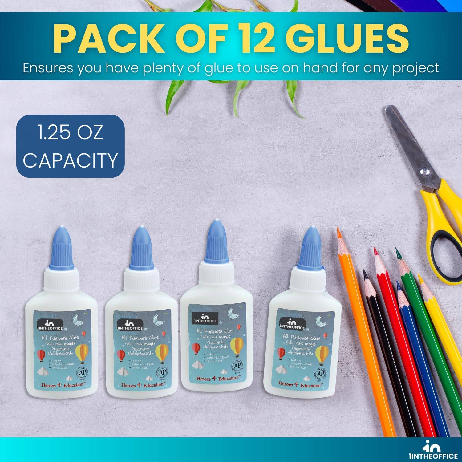 1InTheOffice Washable School Glue, Premium-Quality Glue, White, 1.25 Oz 12 / Box
