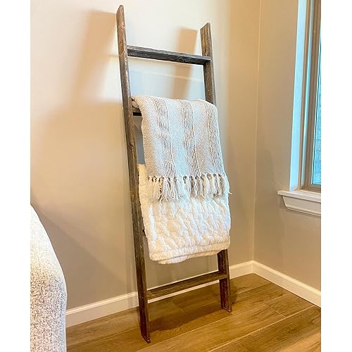 Blanket Ladder 5 Foot Extra Wide Fully Assembled | 60 Inch Rustic Reclaimed Wood Ladder for Blankets, Quilts, Towels, Throws, Decorative Items | Farmhouse Wall Leaning | Weathered Gray by BarnwoodUSA