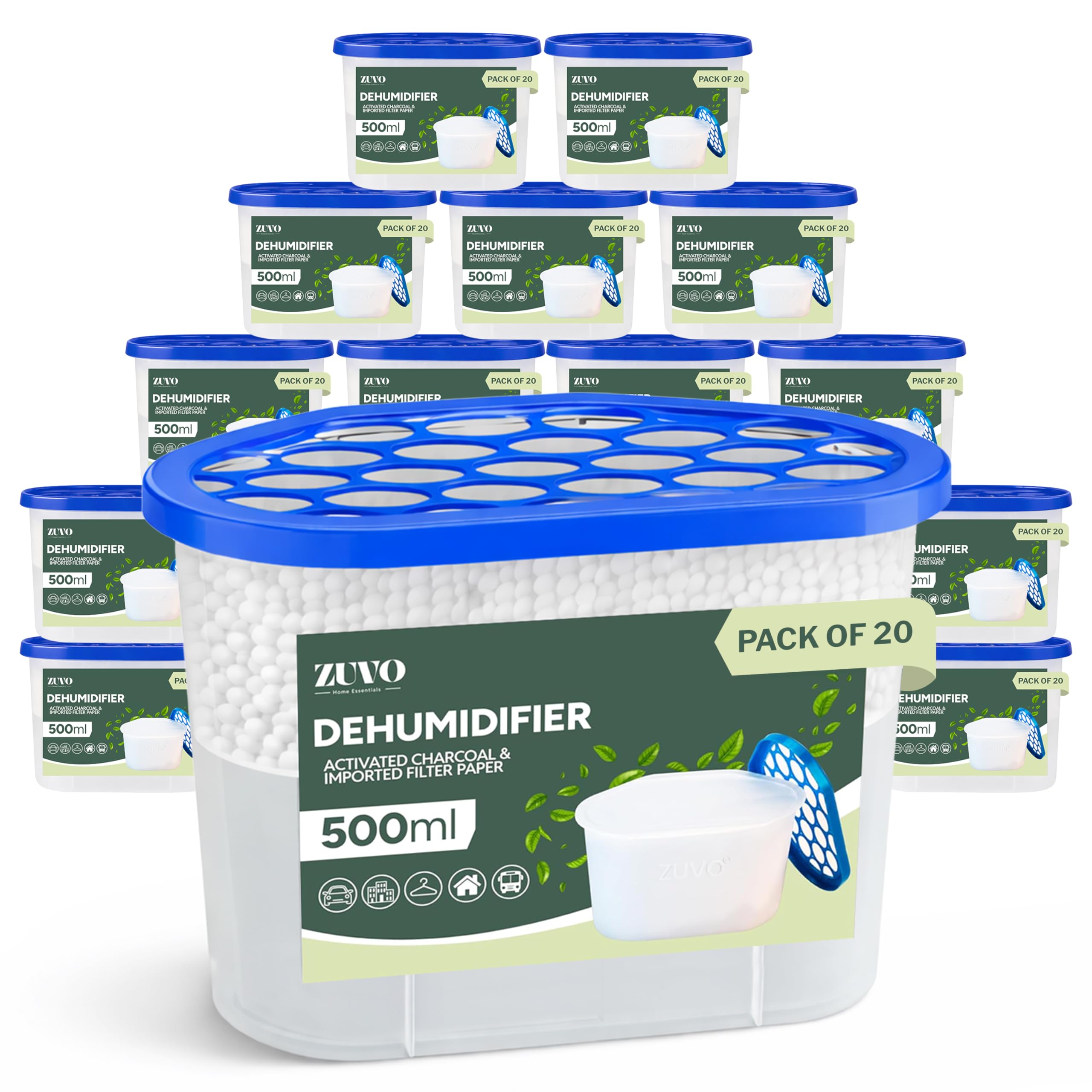 Zuvo Dehumidifier 500ml Pack of 20 | Disposable Moisture Absorber & Damp Trap for Home | Condensation Absorber for Wardrobe, Bathroom, Bedroom | Interior Dehumidifiers — No Electricity Needed