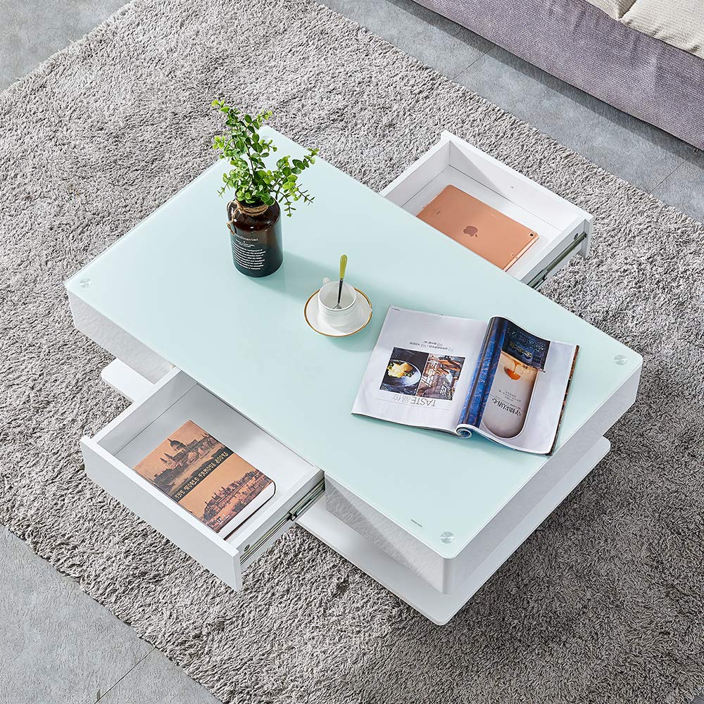 BOJU Modern White High Gloss Coffee Table with 2 Storage Drawers Living