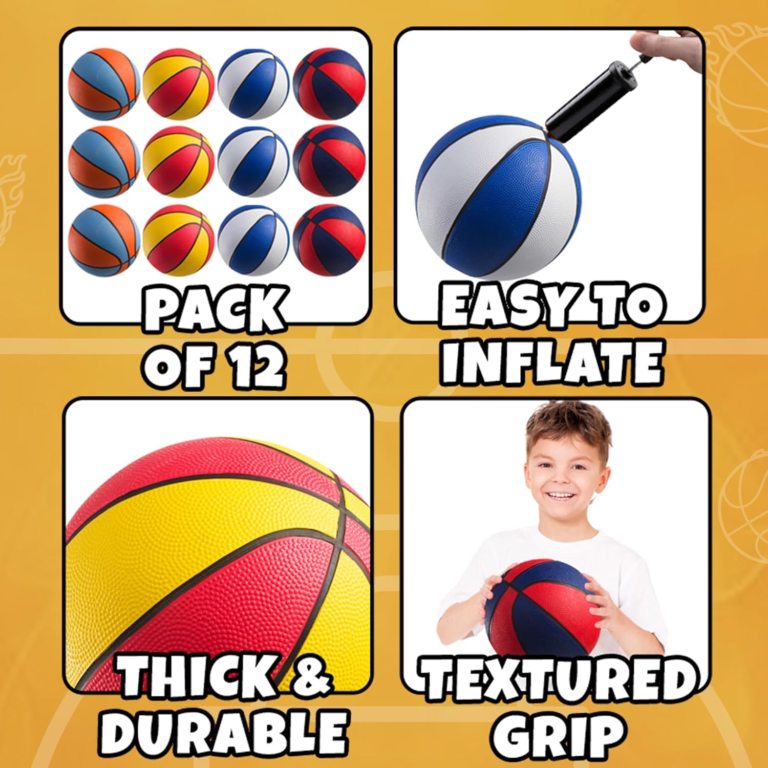 Rubber Mini Basketballs 7 Inch, Size 3 (Pack of 12) - Assorted Colors Indoor or Outdoor Basketball for Kids, Boys & Girls, for Small Hoops, Pool, Game Prizes, Arcade Games, and Party Favors with Pump