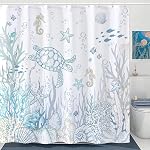 Rideau de douche de tortue côtière nautique, Coral Starfish Seashell Ocean Themed Salle de bain Rideau, Sous-eau Seahorse Salle de bains Décor Bleu 72 x 72 de pouce