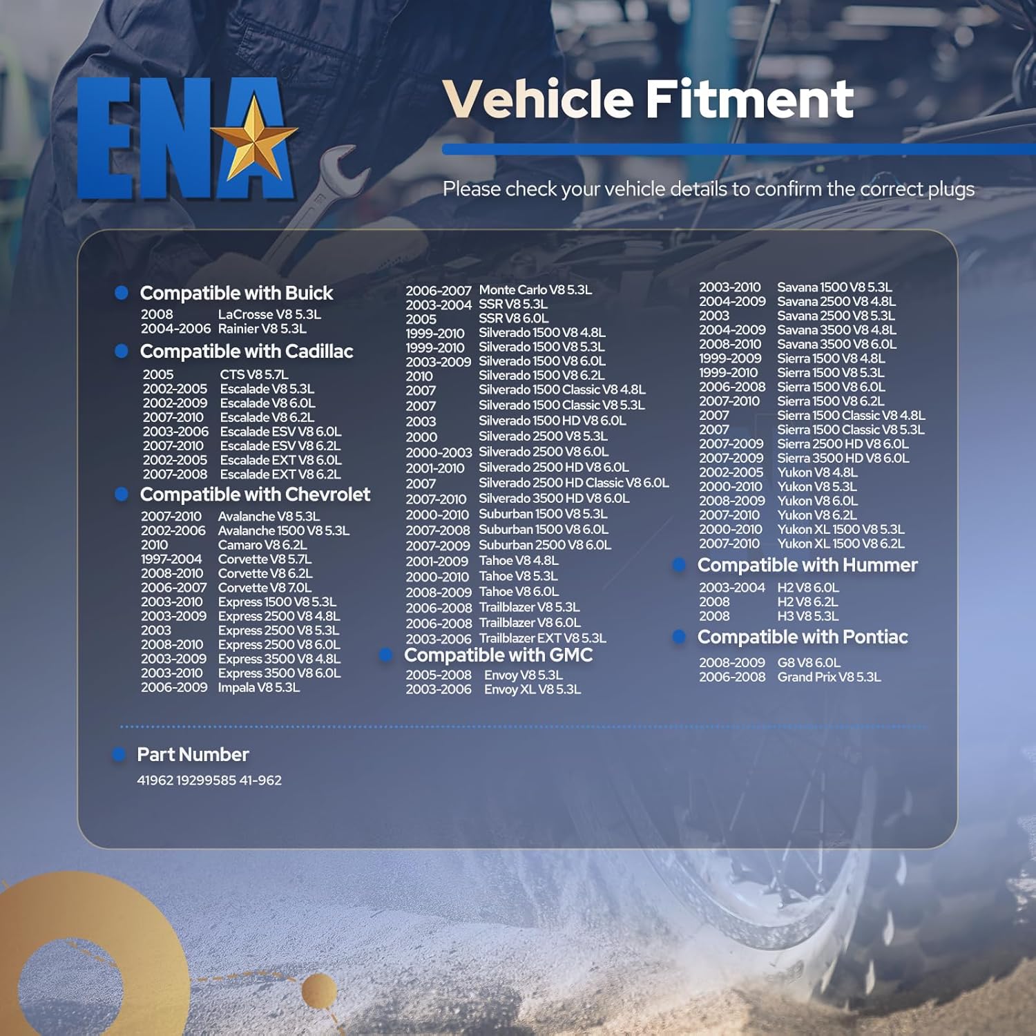 ENA Set of 8 Platinum Spark Plug Compatible with Chevrolet GMC Cadillac Pontiac Isuzu Buick Saturn Vehicles Replacement for 41962 19299585