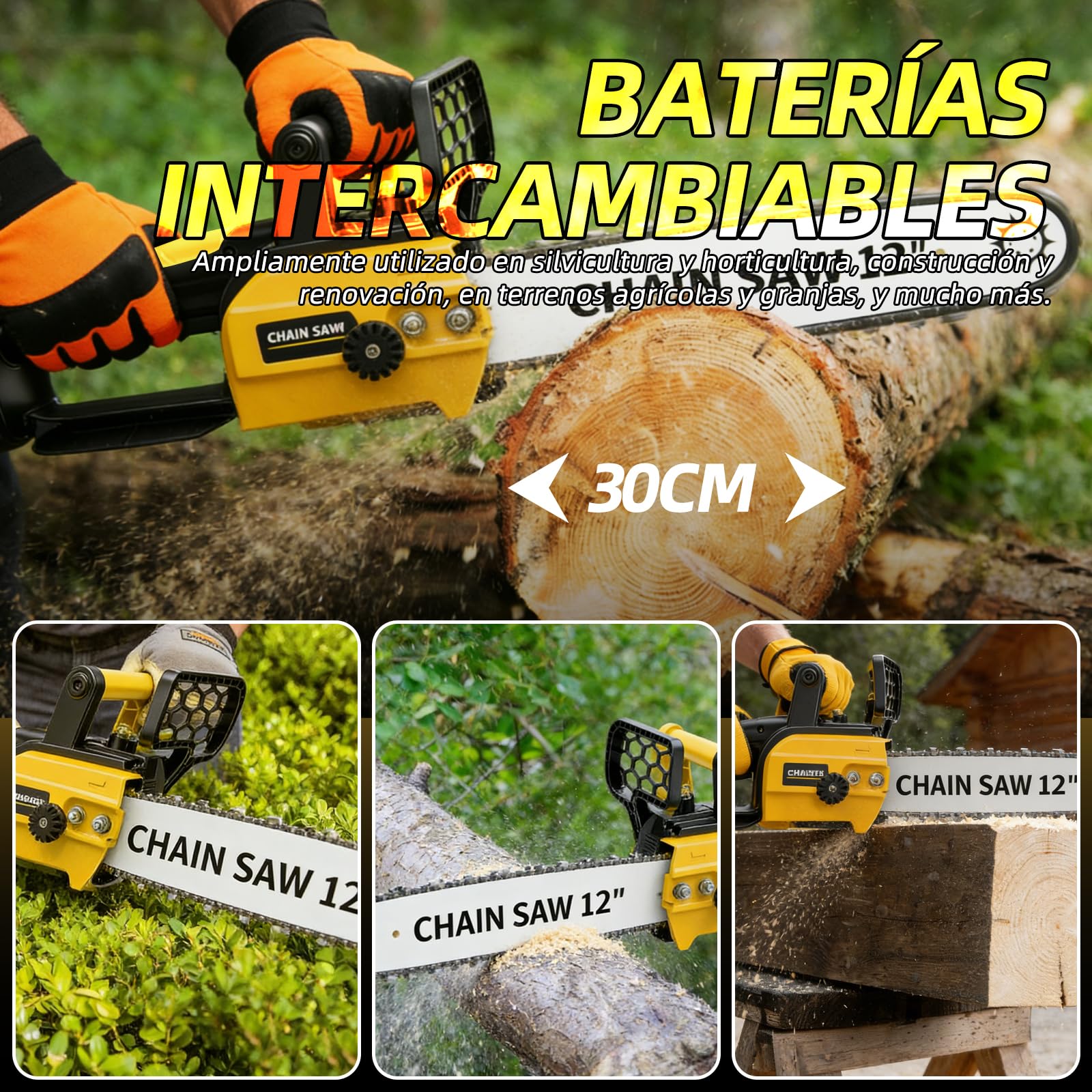Motosierra a batería 12 pulgadas, motor 1800W sin escobillas, 2x4000mAh, lubricación auto, seguridad – sierra profesional para árboles con maletín, para madera y jardín