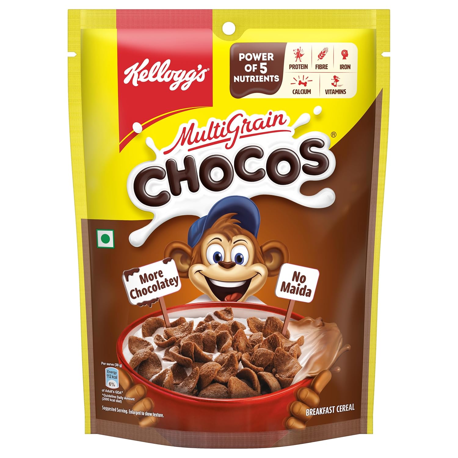Kellogg's New Multigrain Chocos, 250G | Multigrain Energy, More Chocolatey | No-Maida | Power Of 5 Nutrients Protein, Fibre, Iron, Calcium, Vitamins | Kids Breakfast Cereal