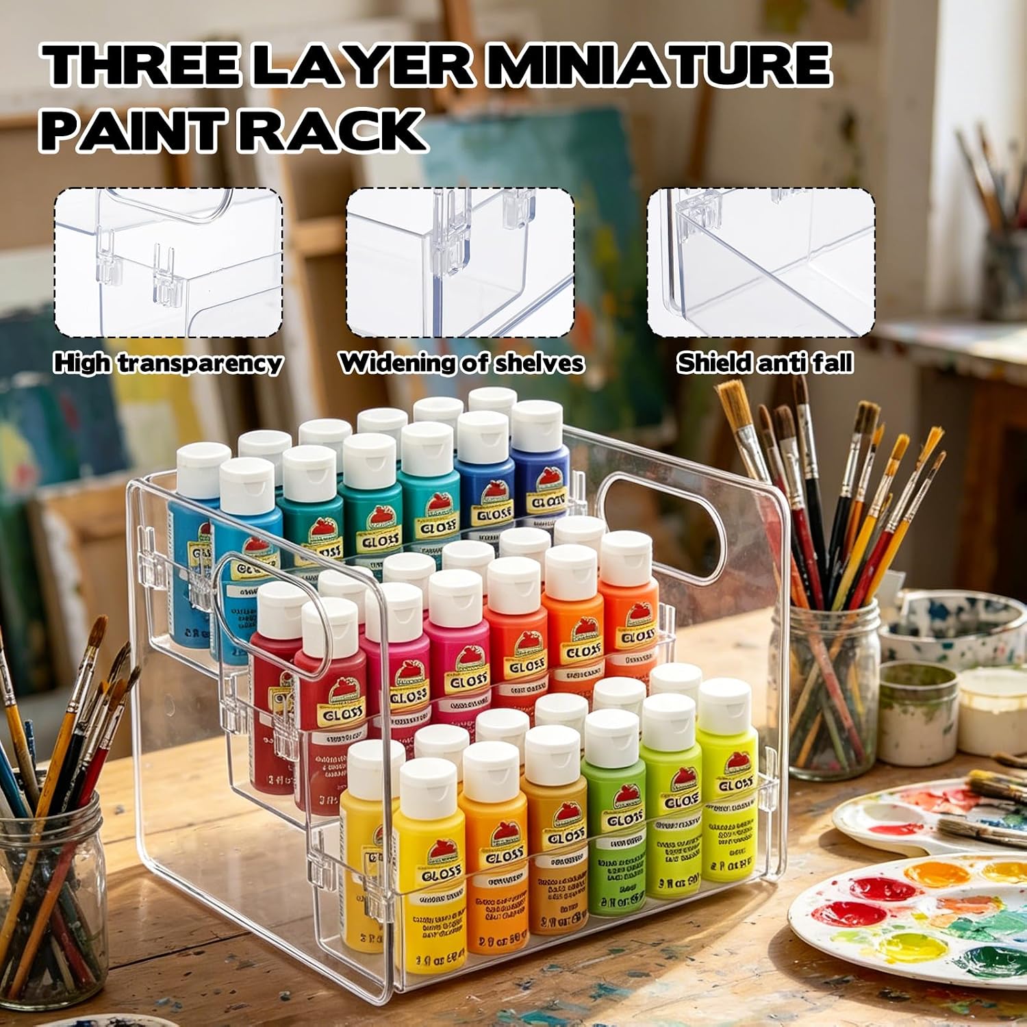 Clear Paint Organizer 3 Layers Acrylic Paint Rack Organizer,Paint Storage Rack,Craft Paint Organizer Rack,Miniature Paint Holder for Paint Storage Craft Organizers and Storage