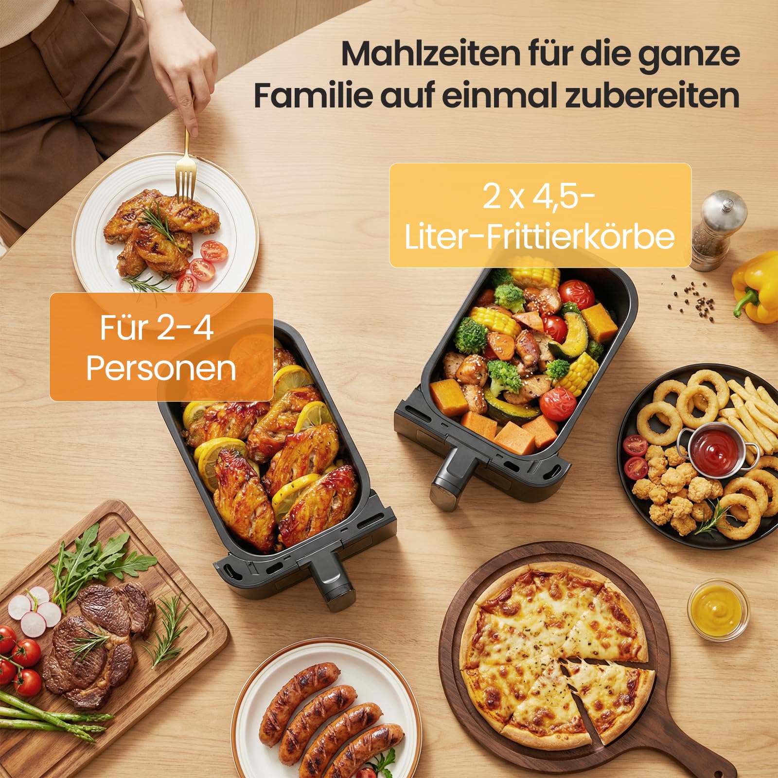 LLIVEKIT 9L Doppelkammer Heißluftfritteuse, 2x4,5L Airfryer mit automatischer Abschaltung, 4D Umluft, 70% energiesparend, 8 Programme, Sync-Finish, spülmaschinenfest, PFOA-frei