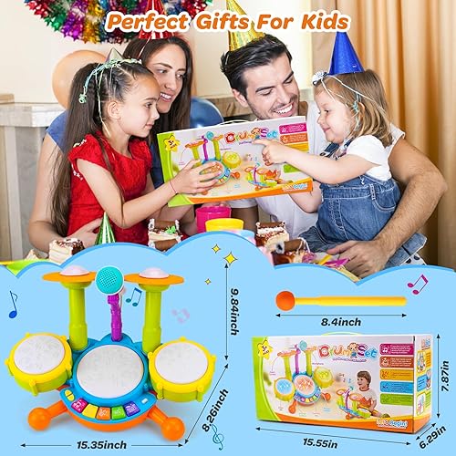 Miniatura 5 de Juego de batería para niños pequeños de 1 a 3 años, juguetes musicales para bebés de 1 año, juguetes Montessori con micrófono, juguetes de