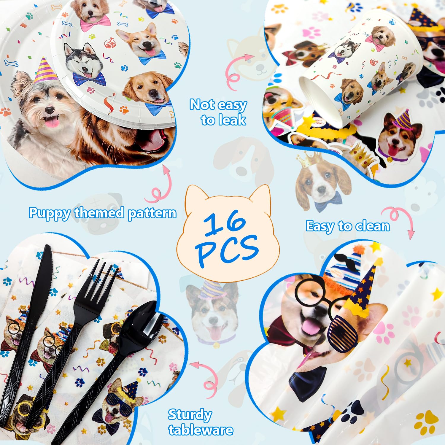 Puppy Dog Birthday Party Supplies,148pcs Dog Party Decorations Dog Birthday Party Tableware Set Dog Birthday Banner, Puppy Balloons Puppy Party Plates Cups Table Cloth etc Dog Themed Party Supplies