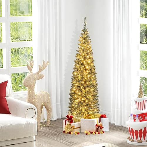 Miniatura 8 de Goplus - Árbol de Navidad preiluminado de 5 pies, árbol de Navidad artificial delgado con 150 luces LED blancas cálidas, 296 puntas de rama, soporte